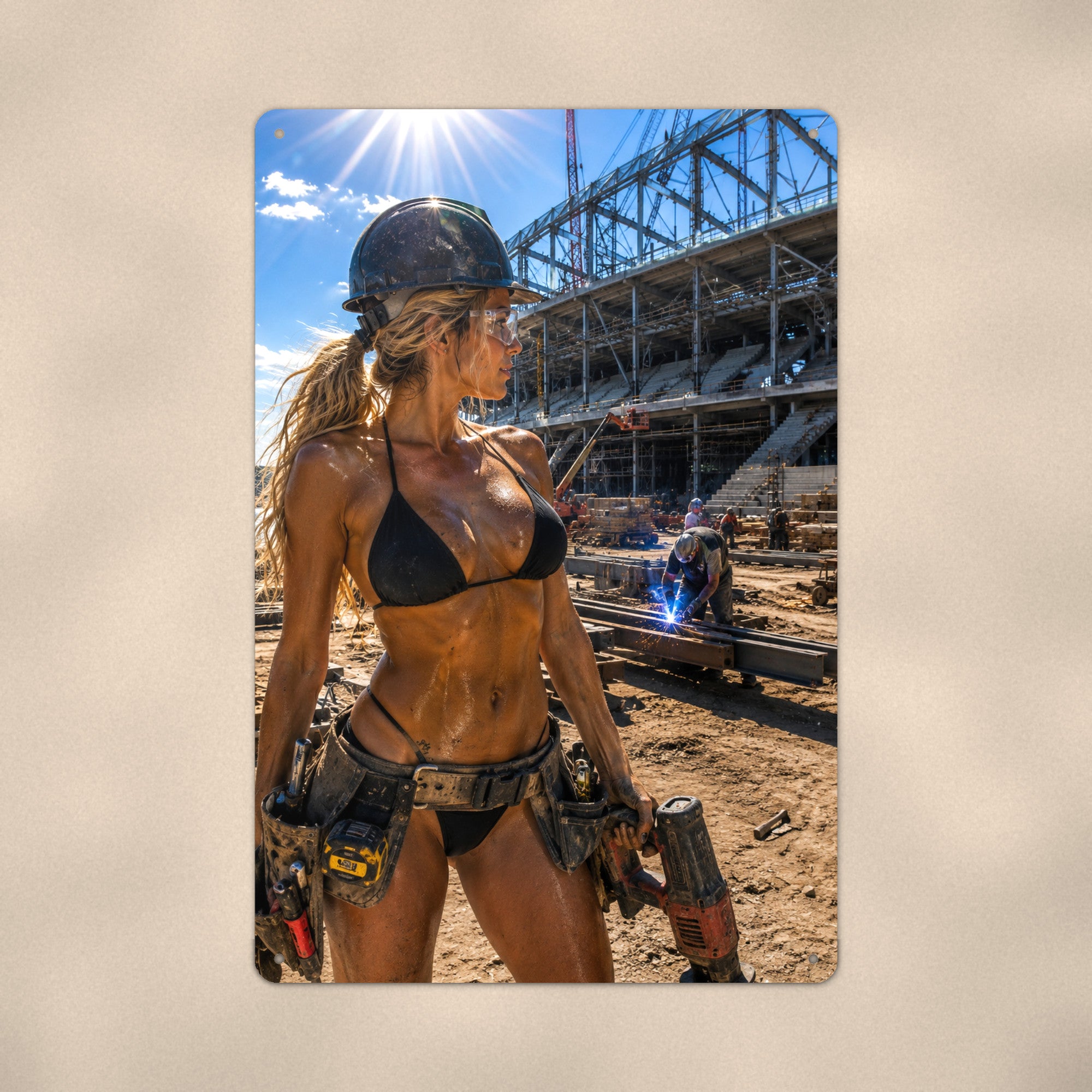 Tool-belt worker at a stadium build site Metal Wall Art, Aluminum Sign, Retro Pinup Wall Decor, Vintage Pin-Up Gift