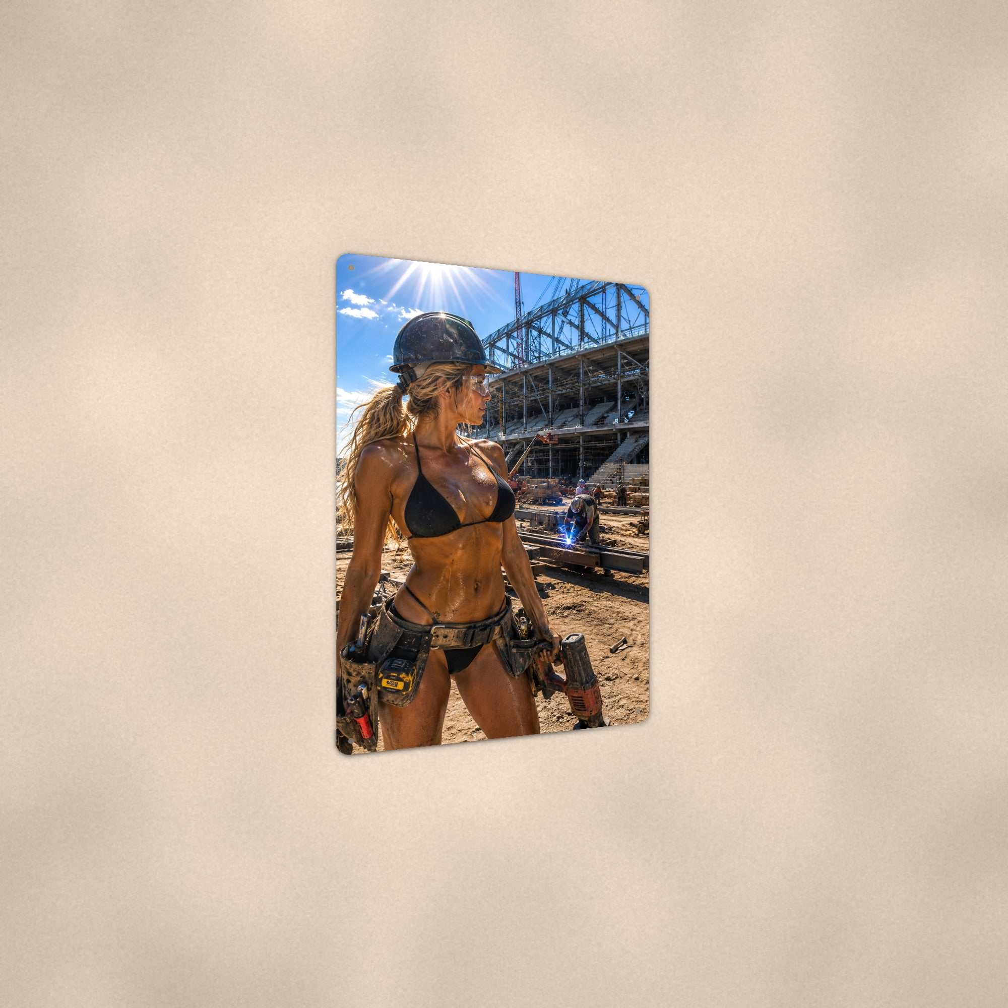 Tool-belt worker at a stadium build site Metal Wall Art, Aluminum Sign, Retro Pinup Wall Decor, Vintage Pin-Up Gift
