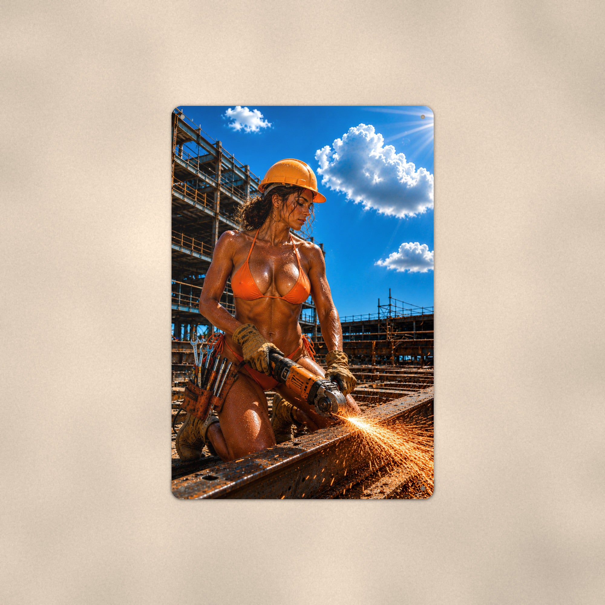Worker grinding a steel beam in sparks Metal Wall Art, Aluminum Sign, Retro Pinup Wall Decor, Vintage Pin-Up Gift
