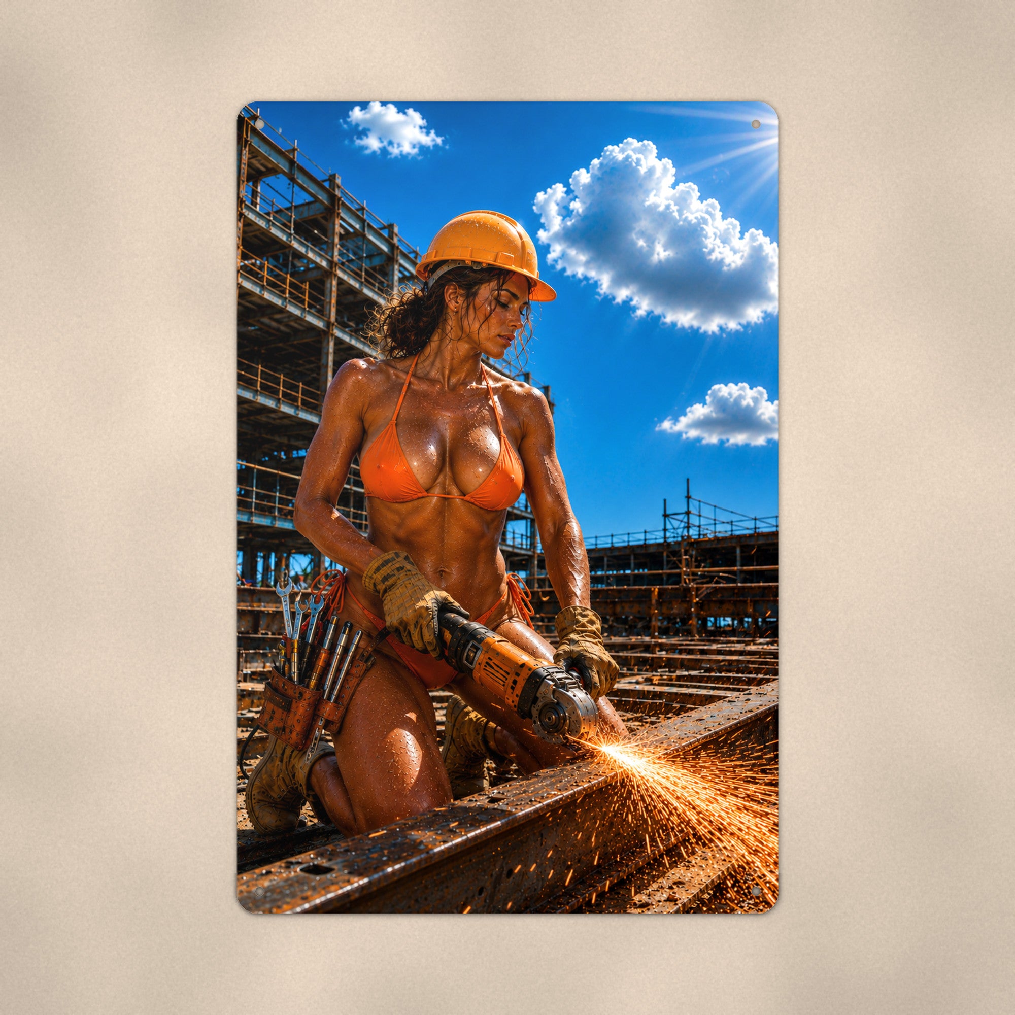 Worker grinding a steel beam in sparks Metal Wall Art, Aluminum Sign, Retro Pinup Wall Decor, Vintage Pin-Up Gift