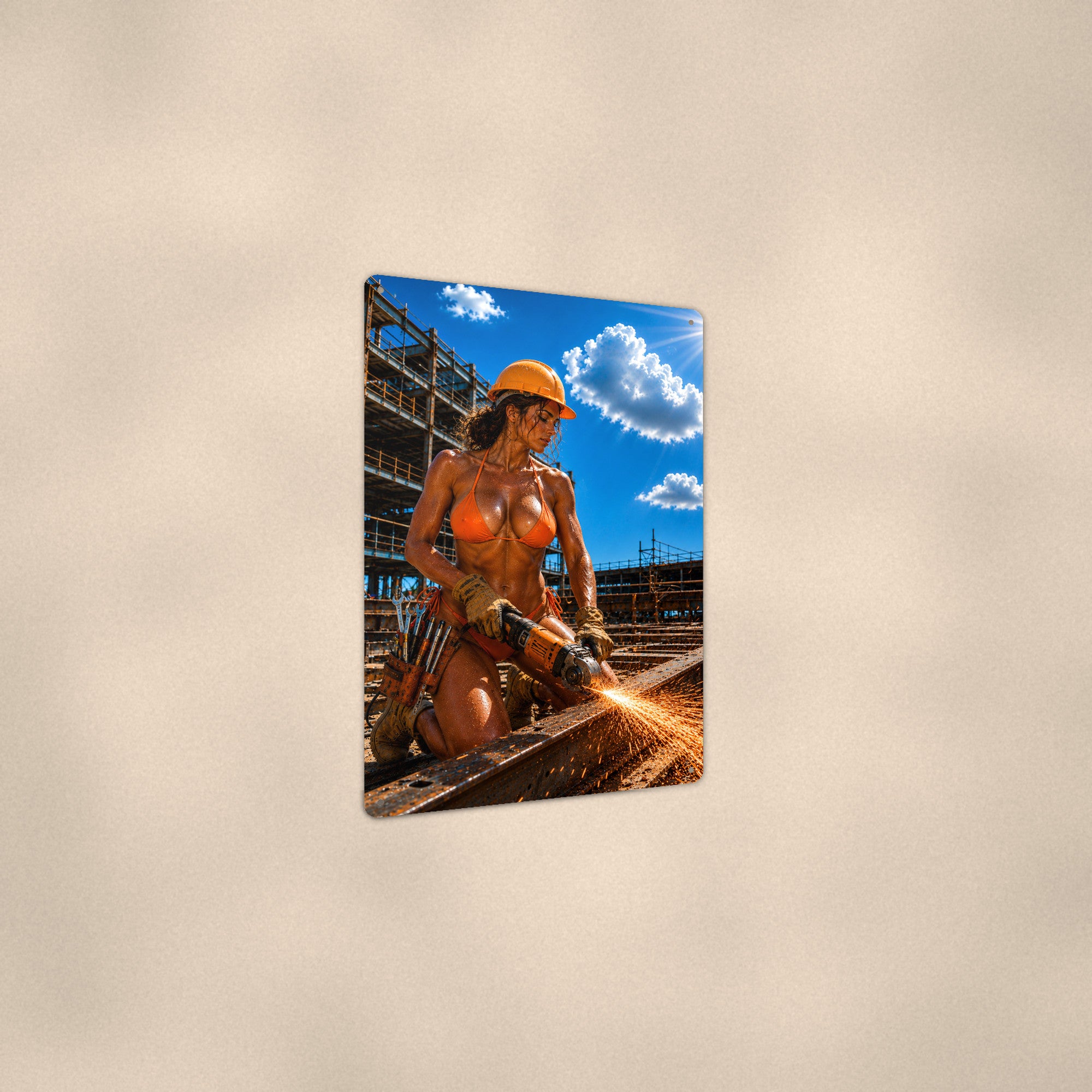 Worker grinding a steel beam in sparks Metal Wall Art, Aluminum Sign, Retro Pinup Wall Decor, Vintage Pin-Up Gift