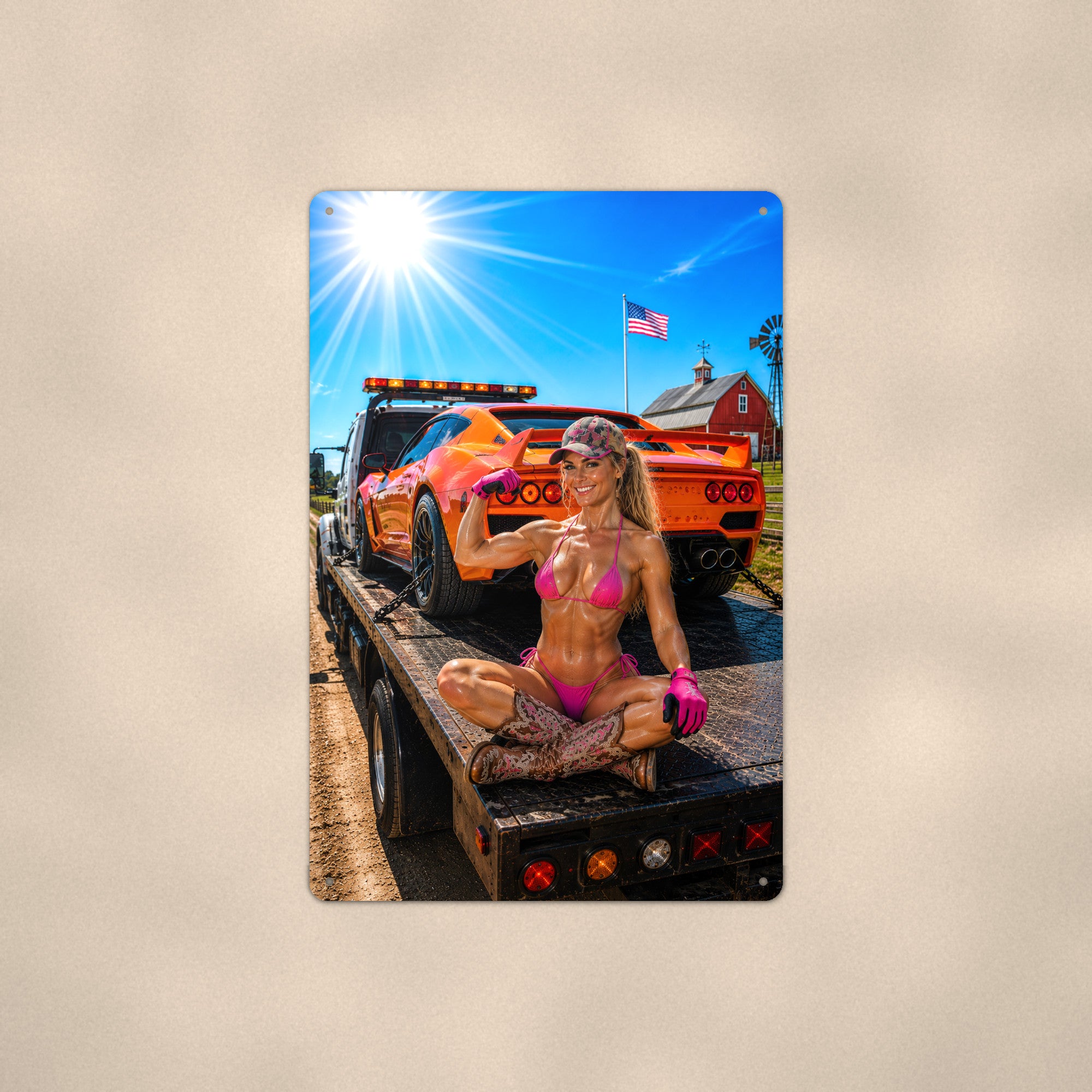 Flatbed rider flexing beside a sports car Metal Wall Art, Aluminum Sign, Retro Pinup Wall Decor, Vintage Pin-Up Gift