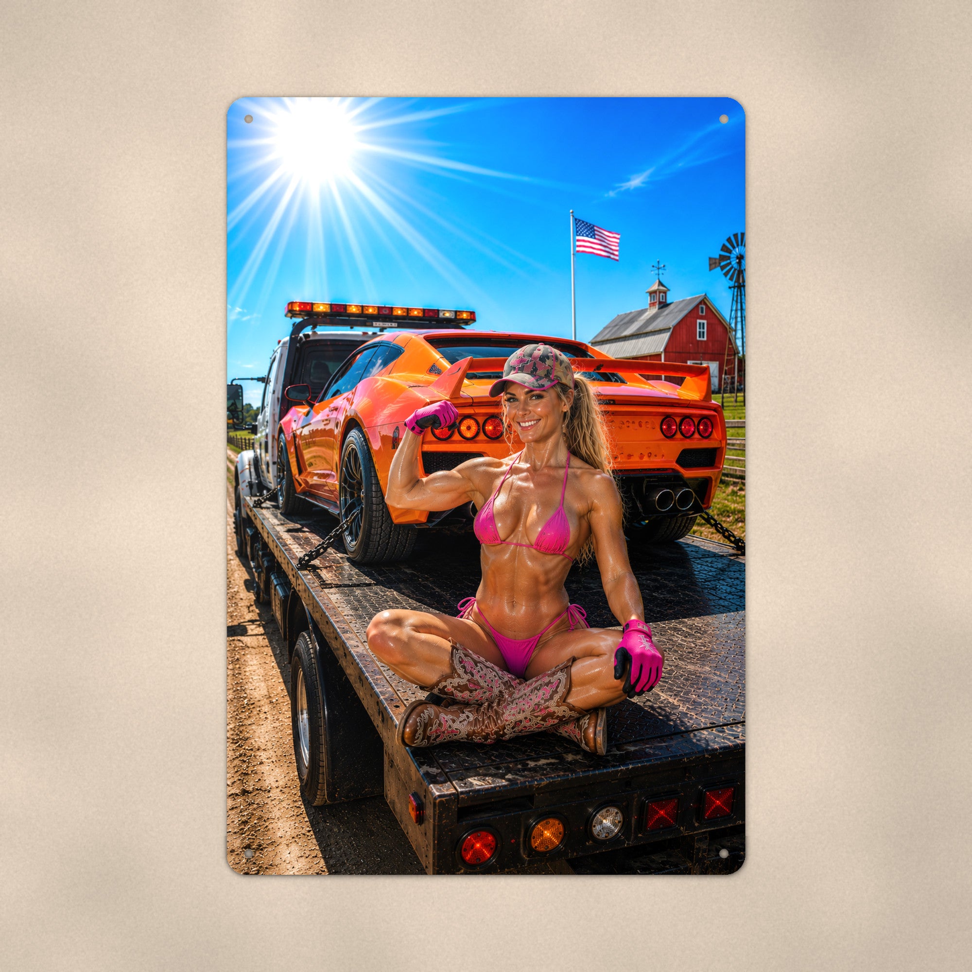 Flatbed rider flexing beside a sports car Metal Wall Art, Aluminum Sign, Retro Pinup Wall Decor, Vintage Pin-Up Gift