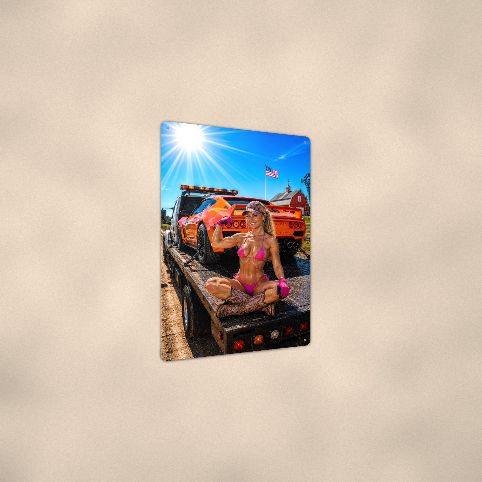 Flatbed rider flexing beside a sports car Metal Wall Art, Aluminum Sign, Retro Pinup Wall Decor, Vintage Pin-Up Gift