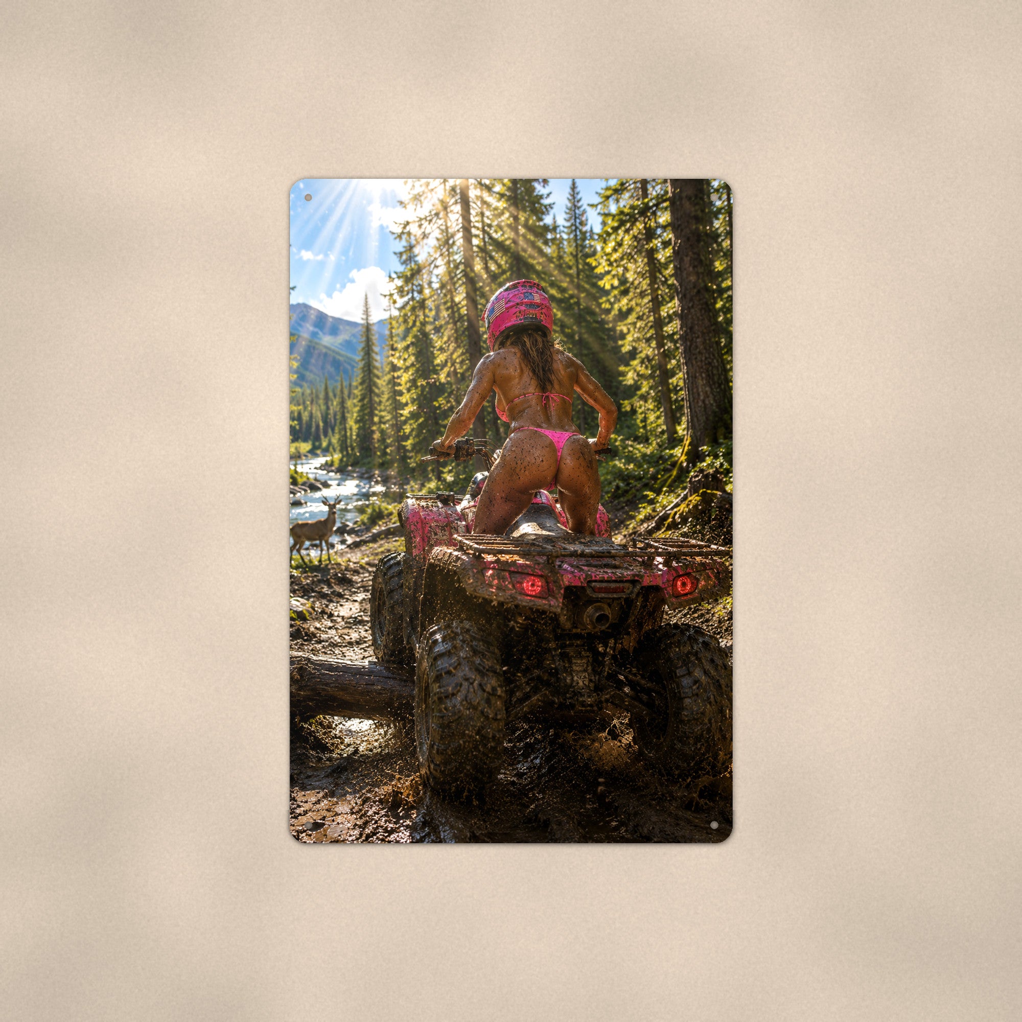 Muddy ATV rider crossing a forest stream Metal Wall Art, Aluminum Sign, Retro Pinup Wall Decor, Vintage Pin-Up Gift