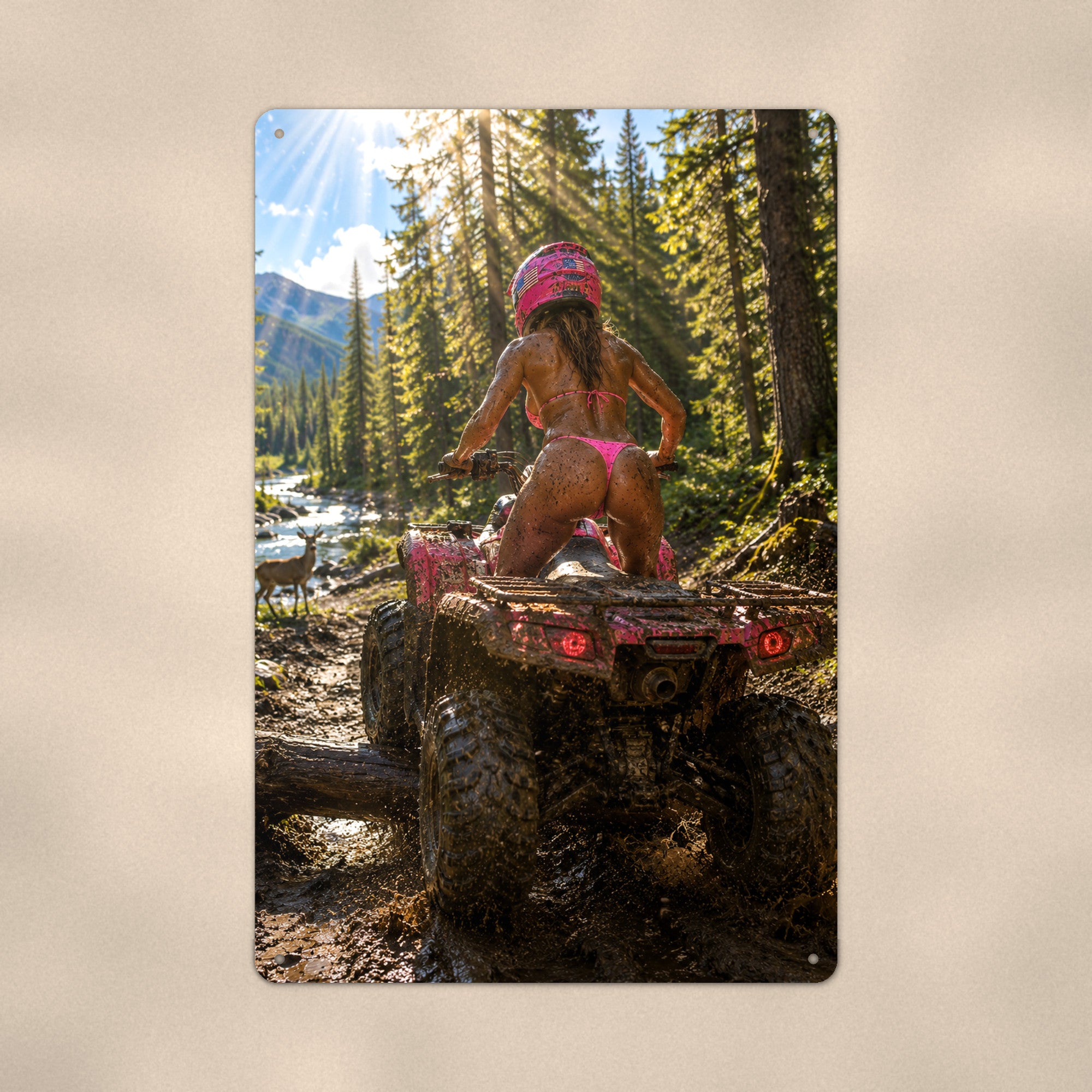 Muddy ATV rider crossing a forest stream Metal Wall Art, Aluminum Sign, Retro Pinup Wall Decor, Vintage Pin-Up Gift