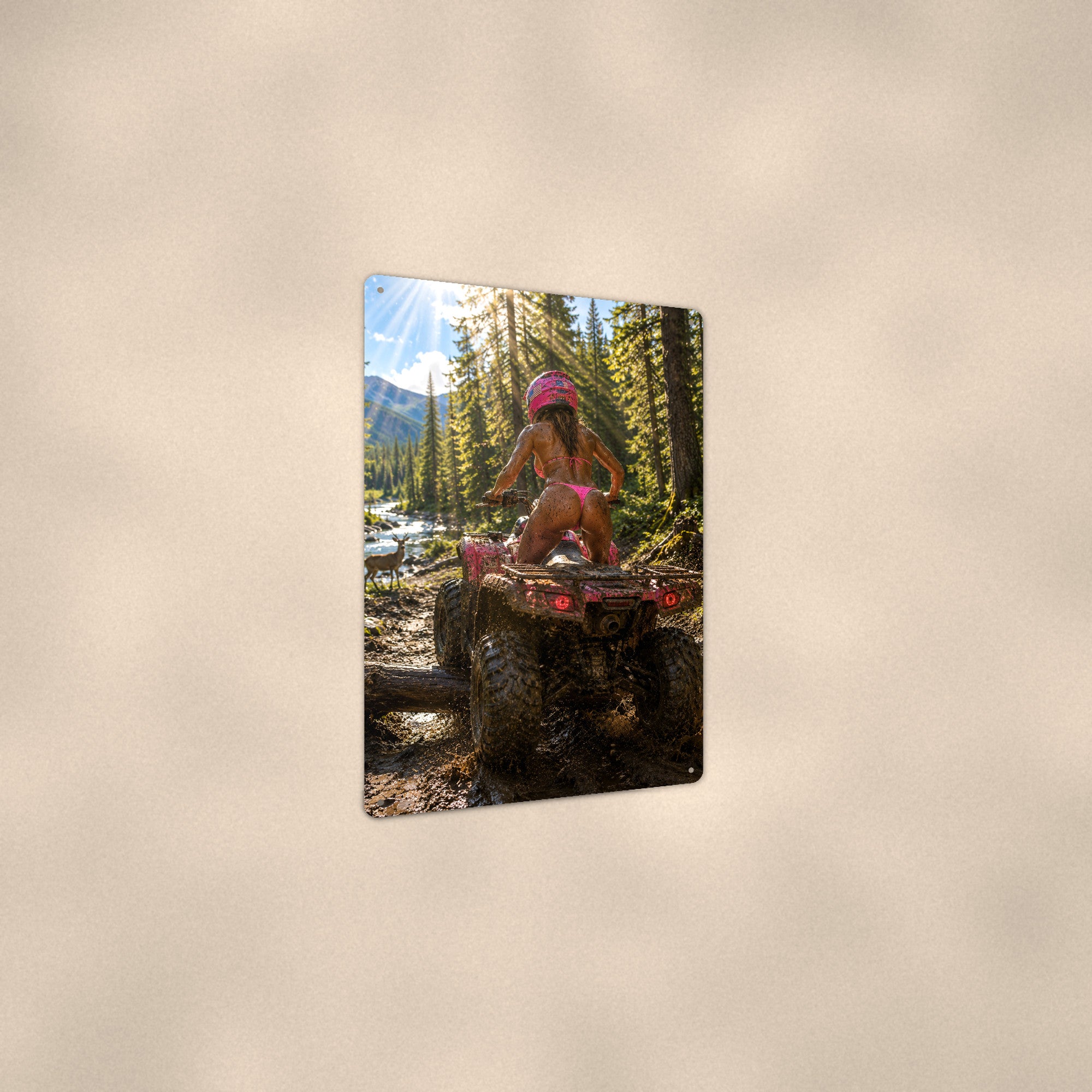 Muddy ATV rider crossing a forest stream Metal Wall Art, Aluminum Sign, Retro Pinup Wall Decor, Vintage Pin-Up Gift
