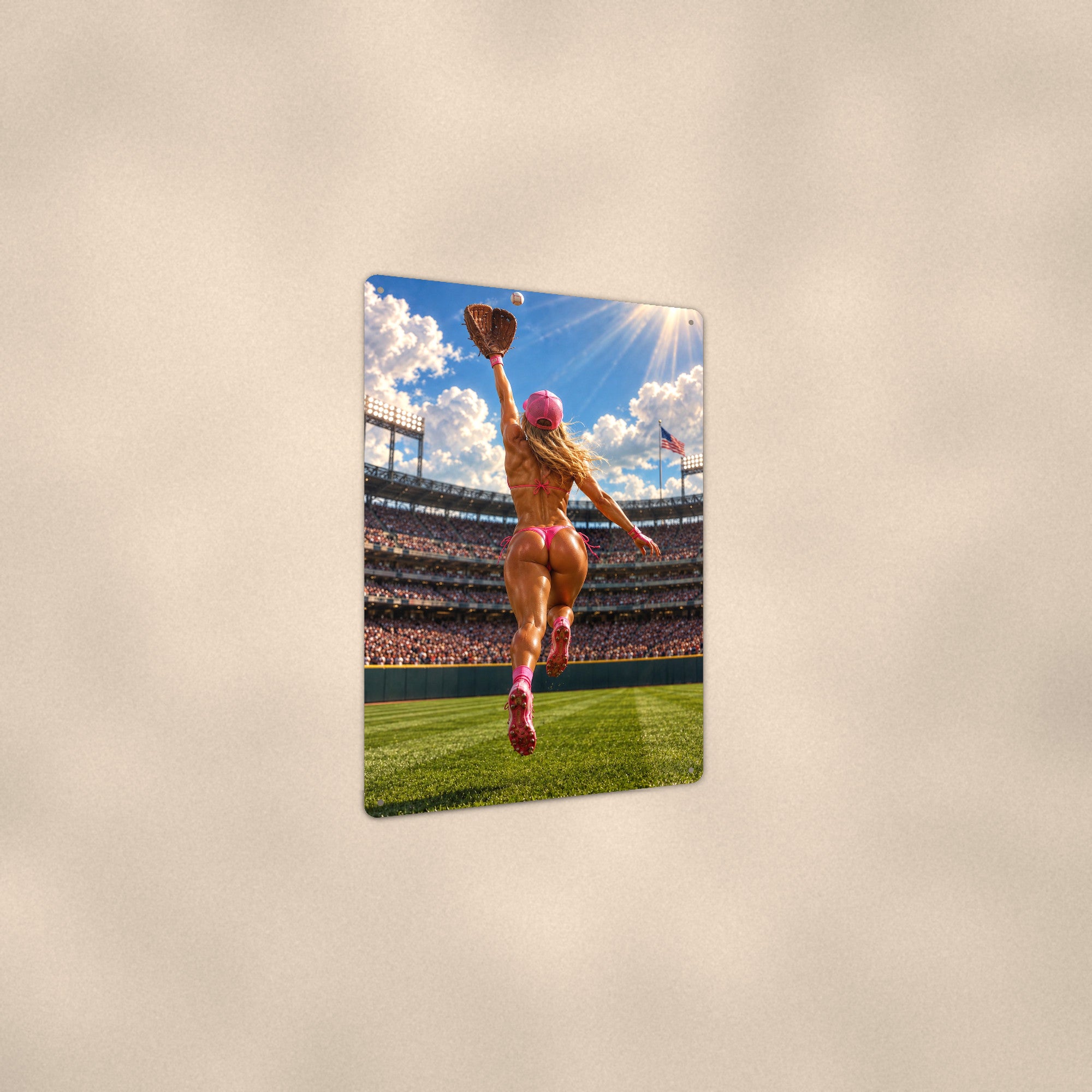 Outfielder leaping for a stadium catch Metal Wall Art, Aluminum Sign, Retro Pinup Wall Decor, Vintage Pin-Up Gift
