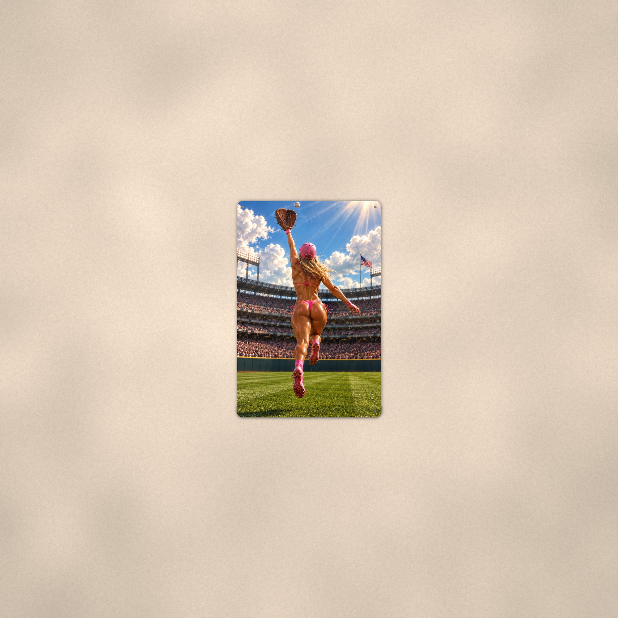 Outfielder leaping for a stadium catch Metal Wall Art, Aluminum Sign, Retro Pinup Wall Decor, Vintage Pin-Up Gift