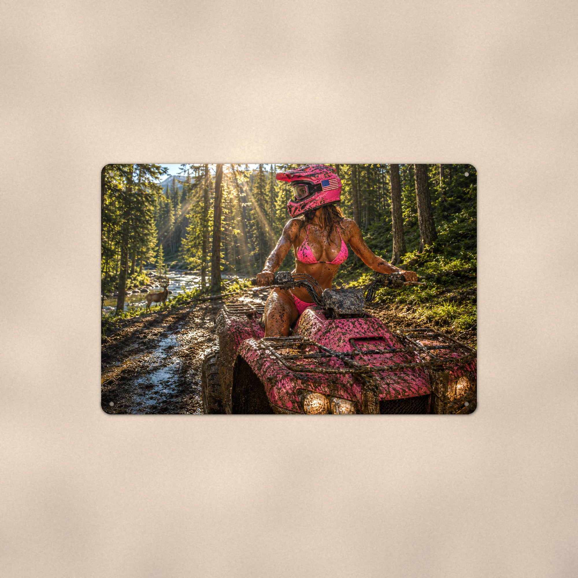 Muddy ATV rider in the forest stream Metal Wall Art, Aluminum Sign, Retro Pinup Wall Decor, Vintage Pin-Up Gift