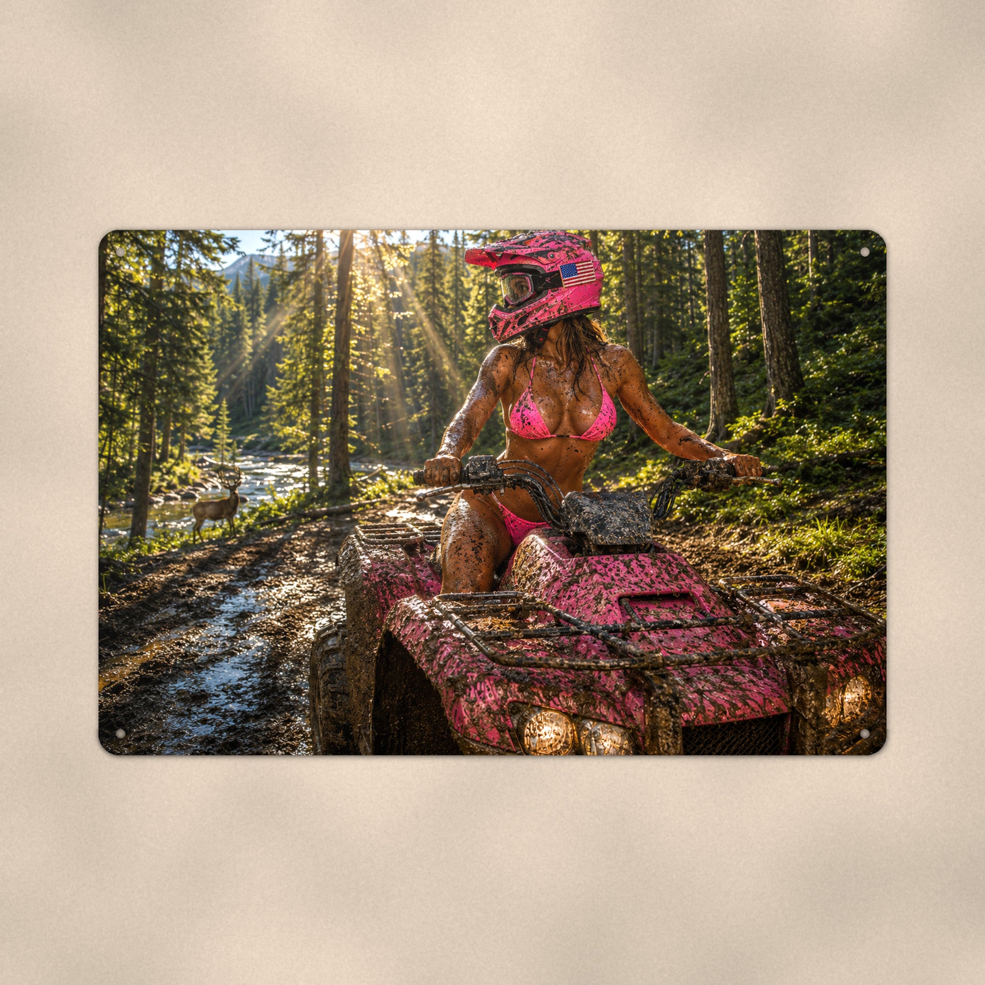 Muddy ATV rider in the forest stream Metal Wall Art, Aluminum Sign, Retro Pinup Wall Decor, Vintage Pin-Up Gift