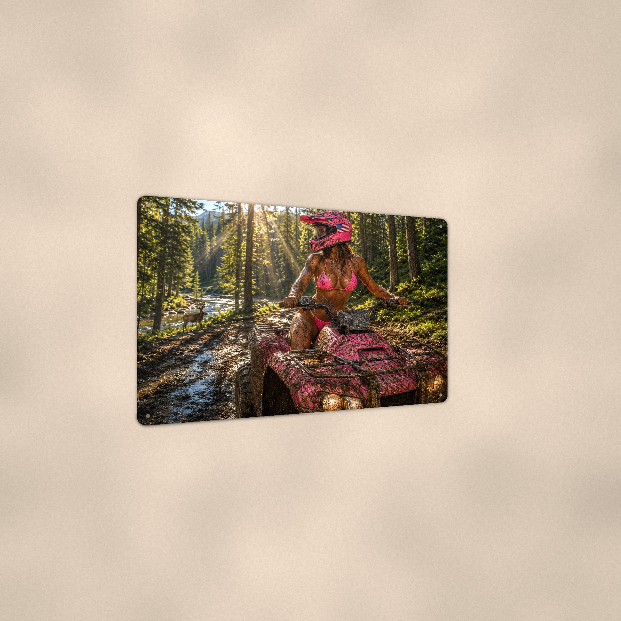 Muddy ATV rider in the forest stream Metal Wall Art, Aluminum Sign, Retro Pinup Wall Decor, Vintage Pin-Up Gift