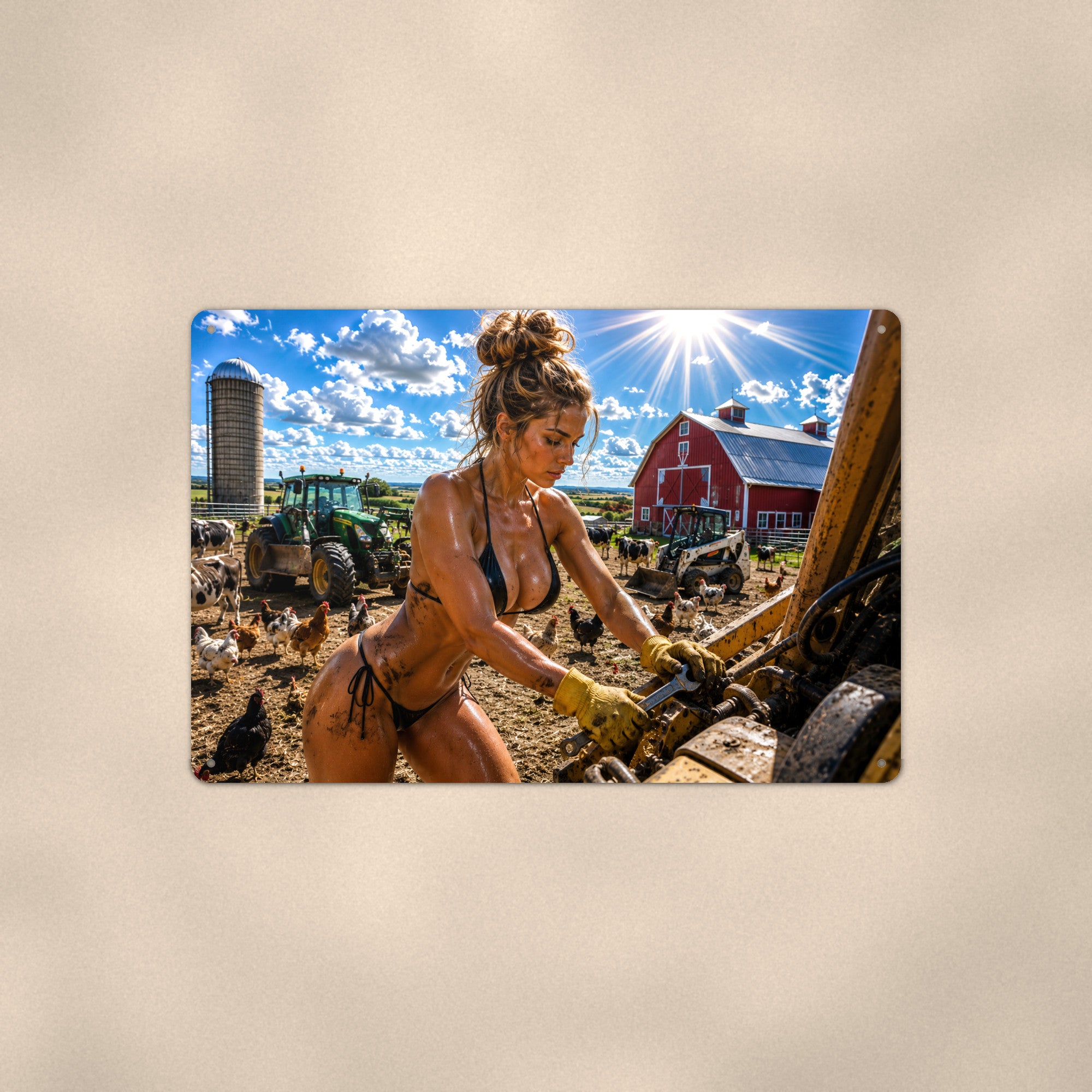 Farmhand wrenching on the tractor Metal Wall Art, Aluminum Sign, Retro Pinup Wall Decor, Vintage Pin-Up Gift