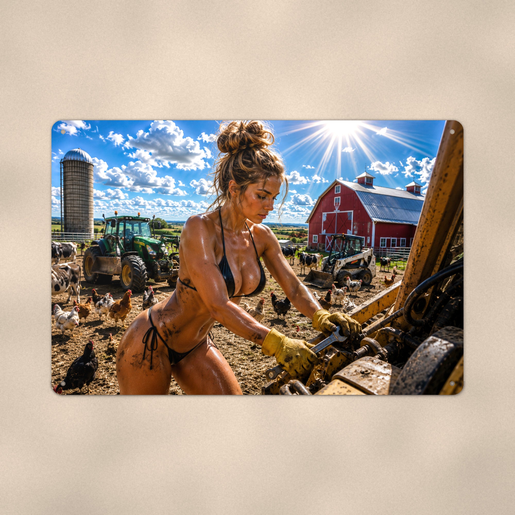 Farmhand wrenching on the tractor Metal Wall Art, Aluminum Sign, Retro Pinup Wall Decor, Vintage Pin-Up Gift