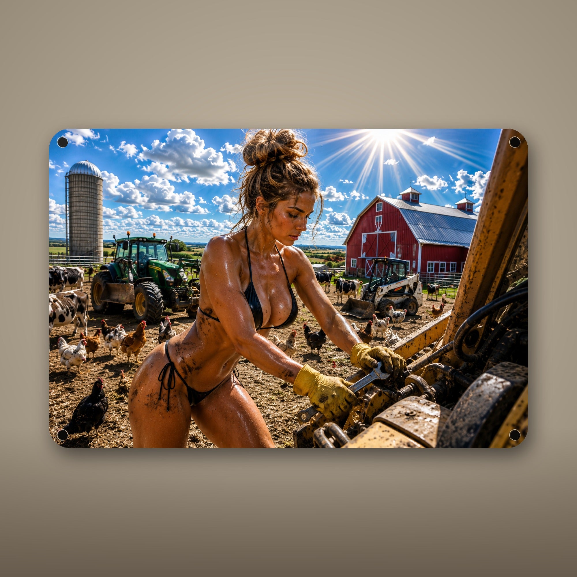 Farmhand wrenching on the tractor Metal Wall Art, Aluminum Sign, Retro Pinup Wall Decor, Vintage Pin-Up Gift