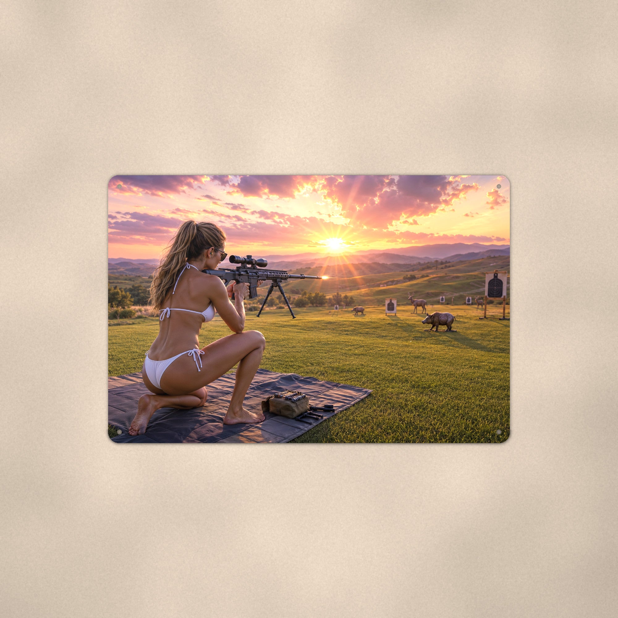 Shooter at the range by the golf course Metal Wall Art, Aluminum Sign, Retro Pinup Wall Decor, Vintage Pin-Up Gift