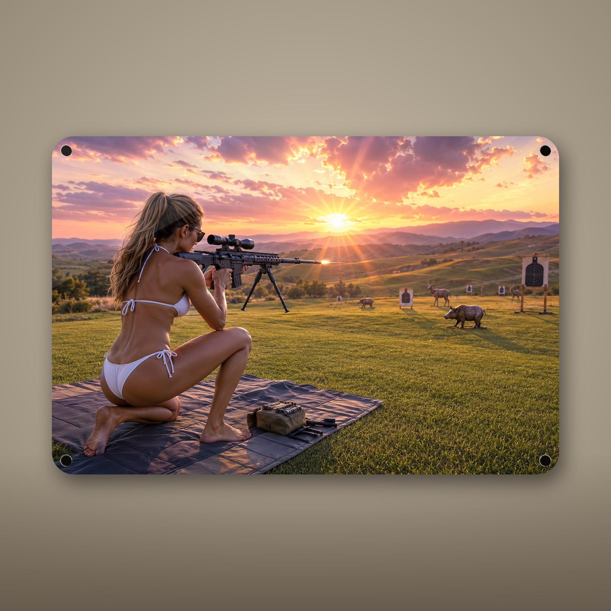 Shooter at the range by the golf course Metal Wall Art, Aluminum Sign, Retro Pinup Wall Decor, Vintage Pin-Up Gift