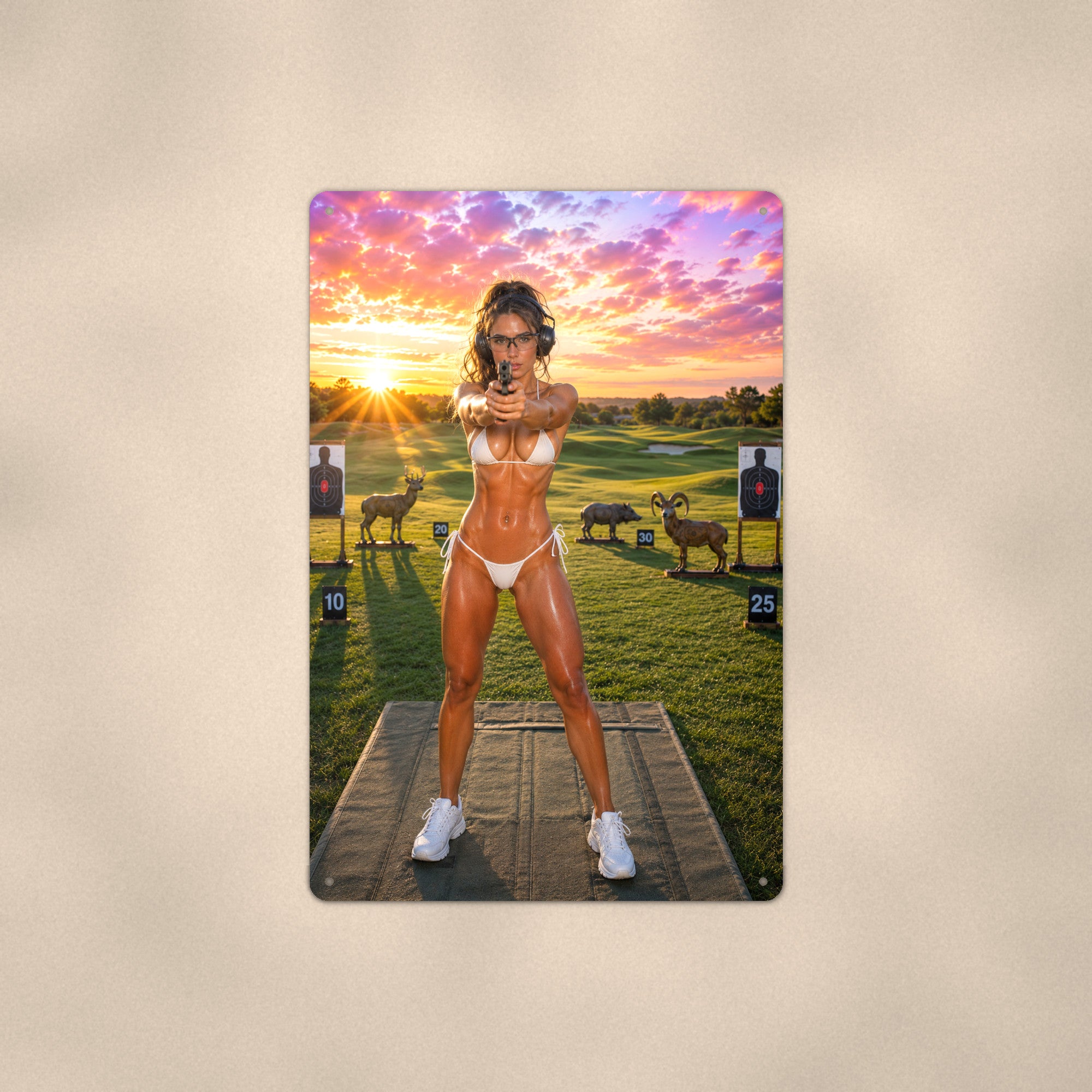 Marksman Taking Aim at the Range Under a Fiery Sky Range Bikini Aluminum Sign