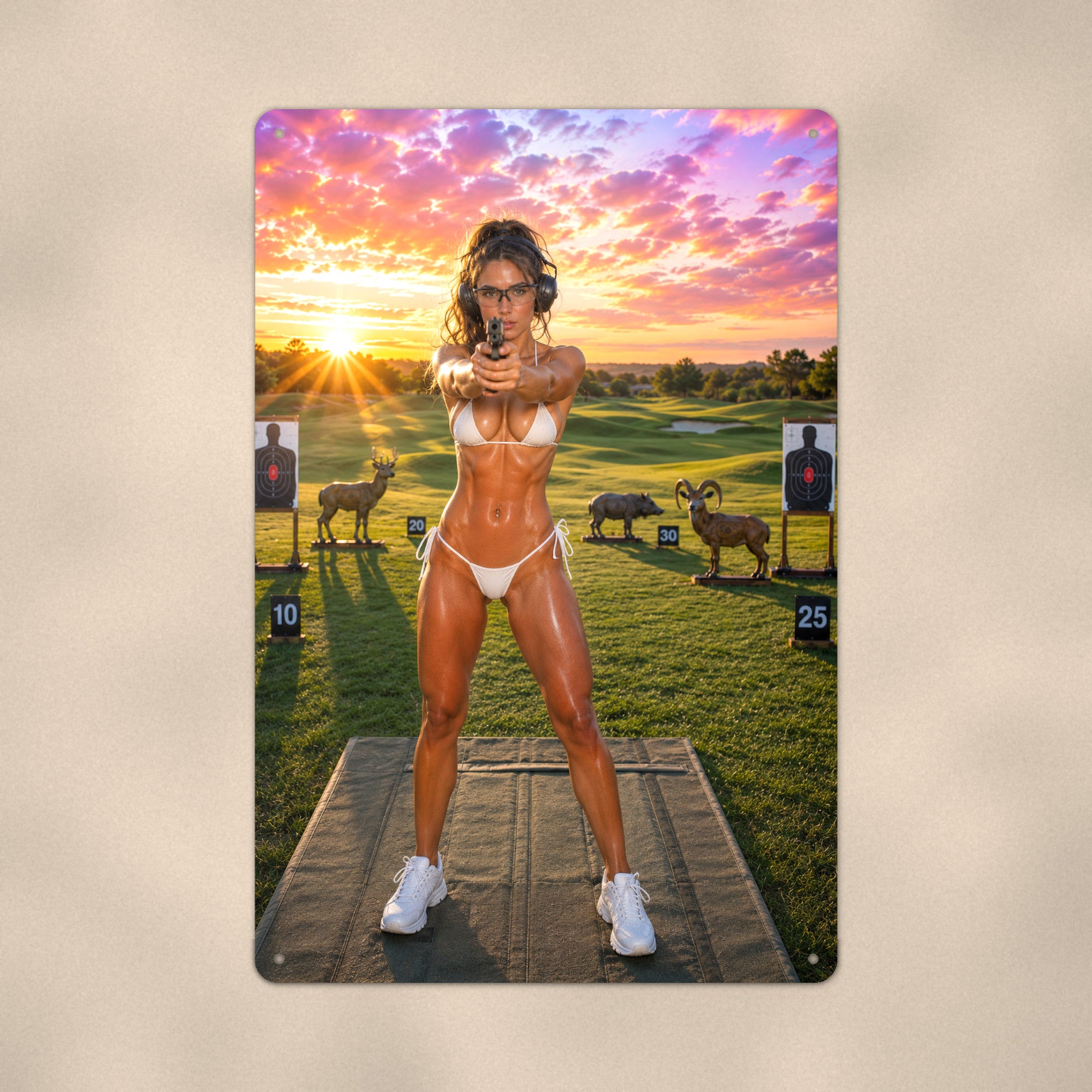 Marksman Taking Aim at the Range Under a Fiery Sky Range Bikini Aluminum Sign