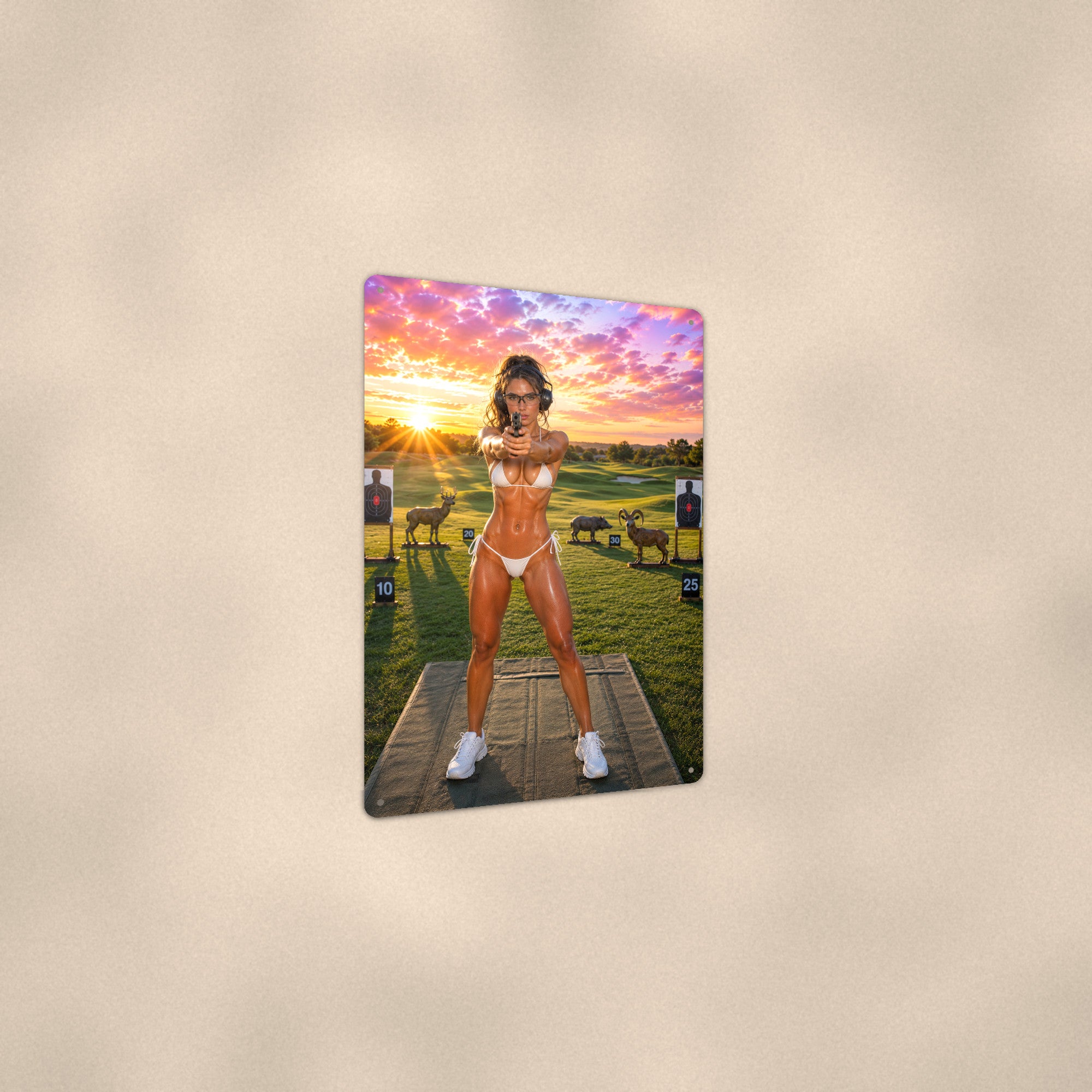 Marksman Taking Aim at the Range Under a Fiery Sky Range Bikini Aluminum Sign