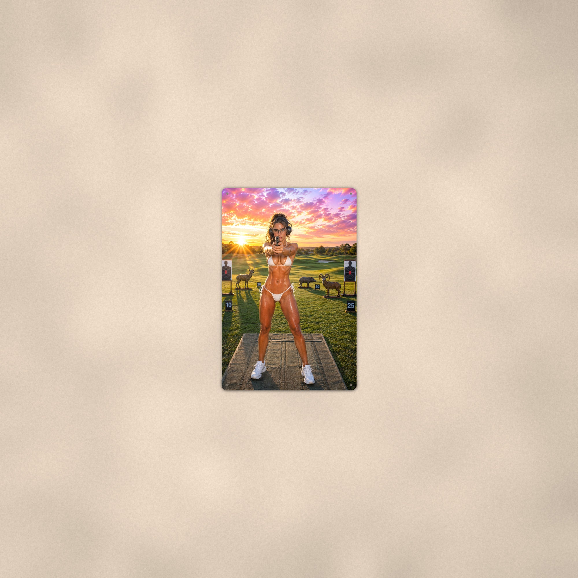 Marksman Taking Aim at the Range Under a Fiery Sky Range Bikini Aluminum Sign