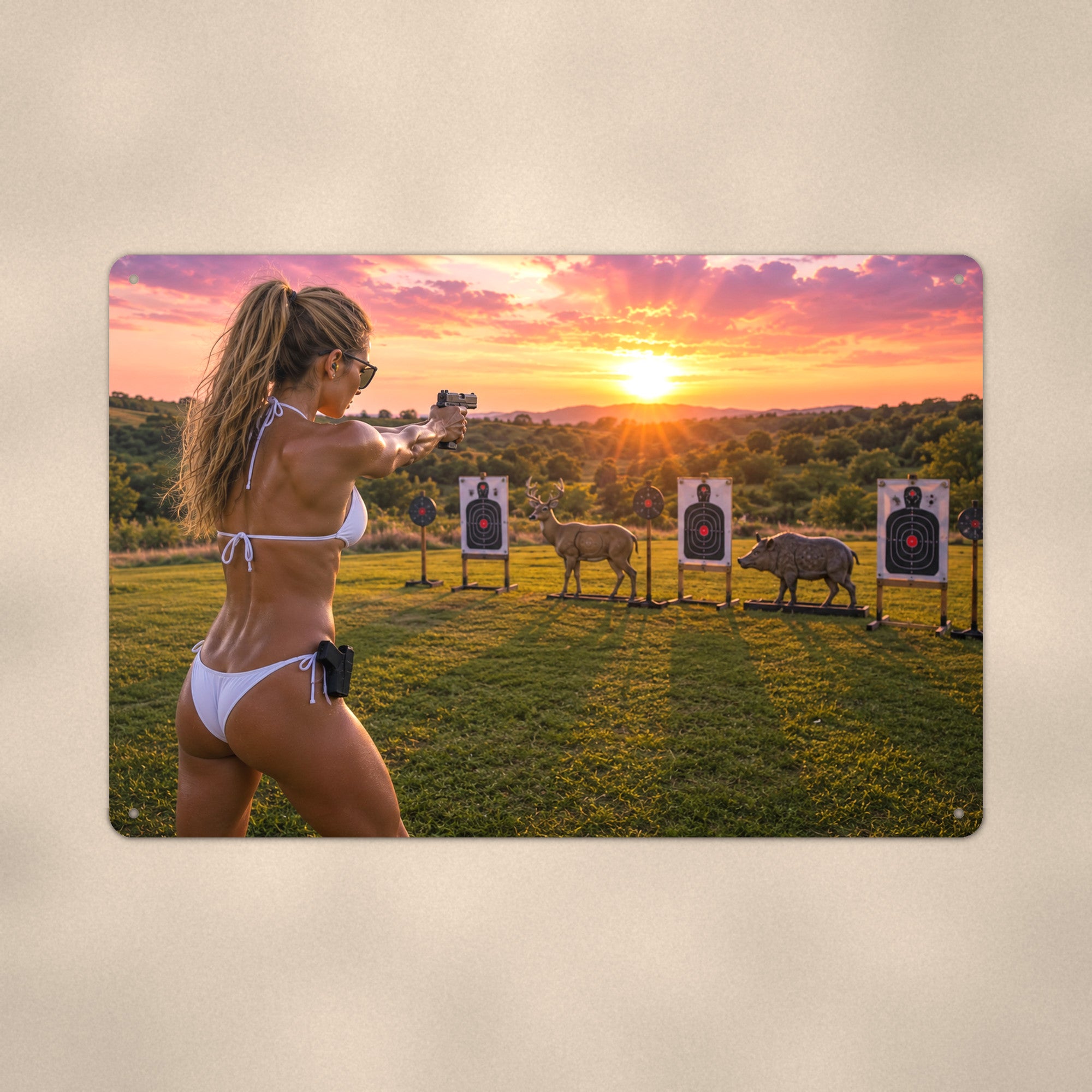 Shooter at the range at sunset Metal Wall Art, Aluminum Sign, Retro Pinup Wall Decor, Vintage Pin-Up Gift
