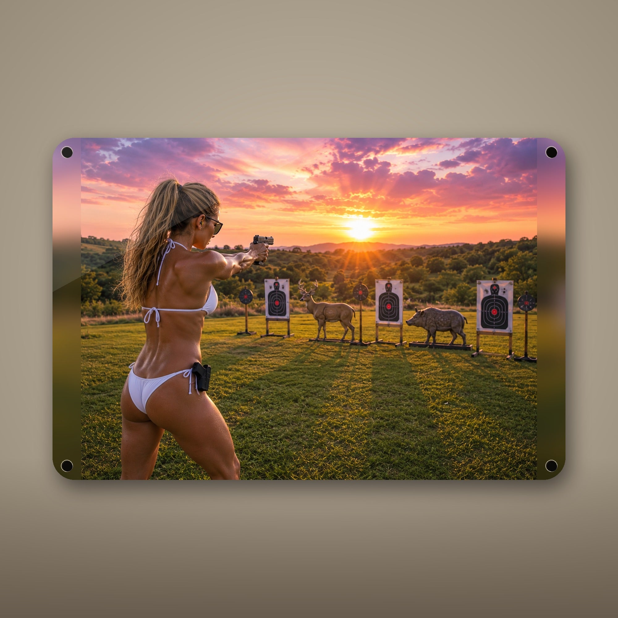 Shooter at the range at sunset Metal Wall Art, Aluminum Sign, Retro Pinup Wall Decor, Vintage Pin-Up Gift
