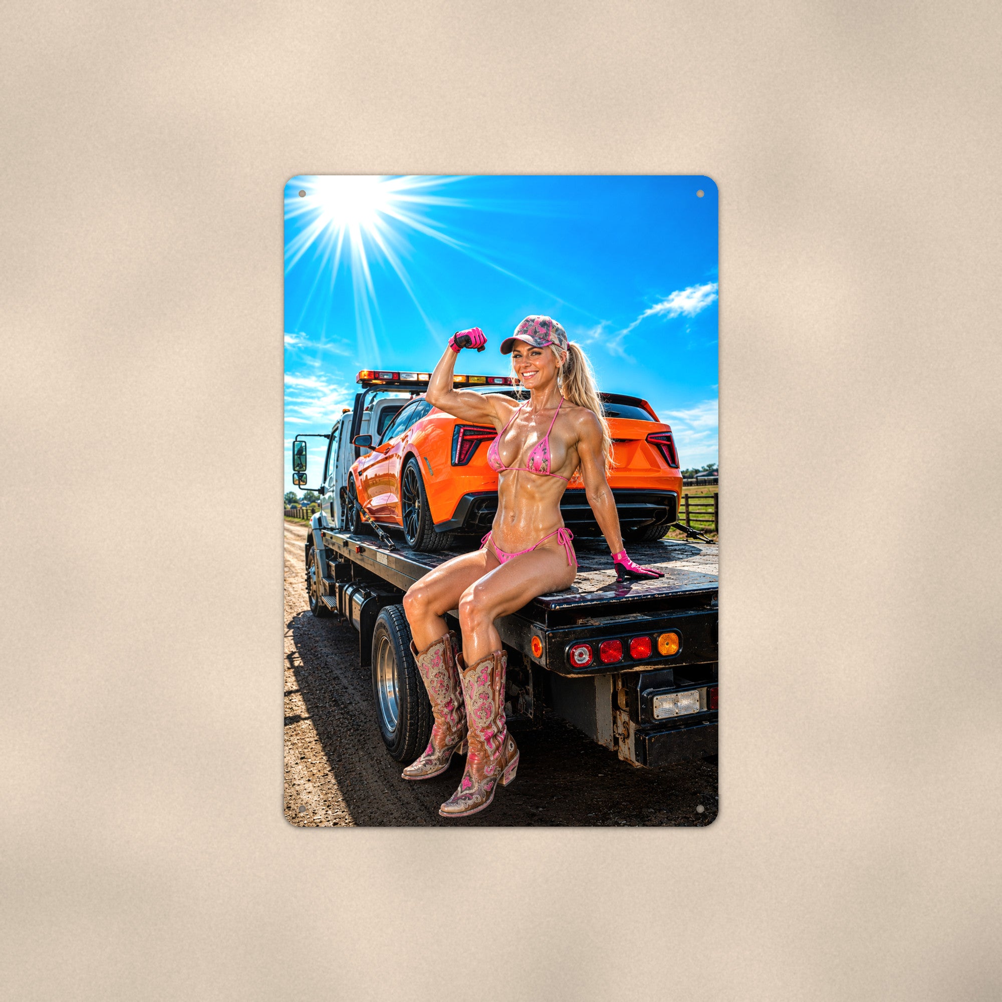 Cowgirl mechanic flexing on a flatbed tow truck Metal Wall Art, Aluminum Sign, Retro Pinup Wall Decor, Vintage Pin-Up Gift
