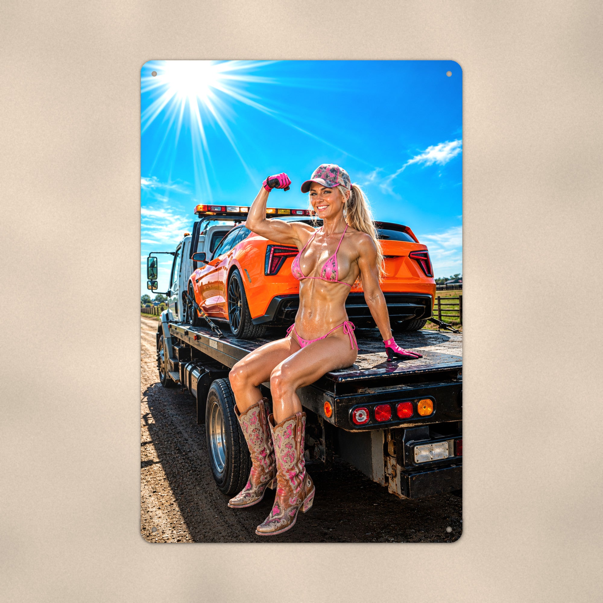 Cowgirl mechanic flexing on a flatbed tow truck Metal Wall Art, Aluminum Sign, Retro Pinup Wall Decor, Vintage Pin-Up Gift
