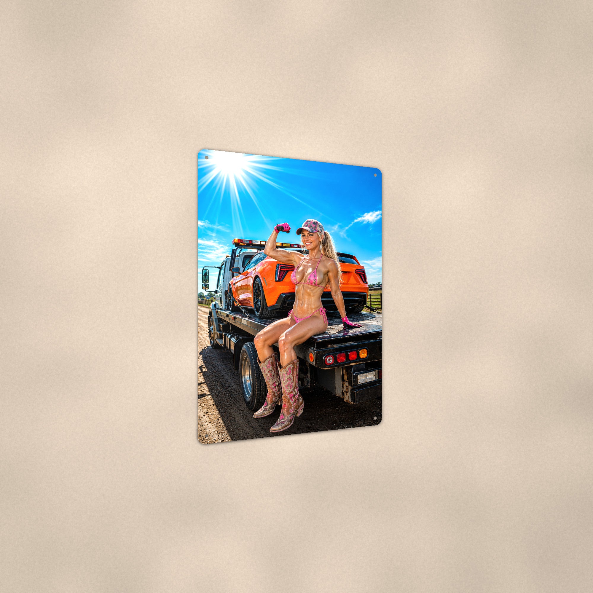 Cowgirl mechanic flexing on a flatbed tow truck Metal Wall Art, Aluminum Sign, Retro Pinup Wall Decor, Vintage Pin-Up Gift