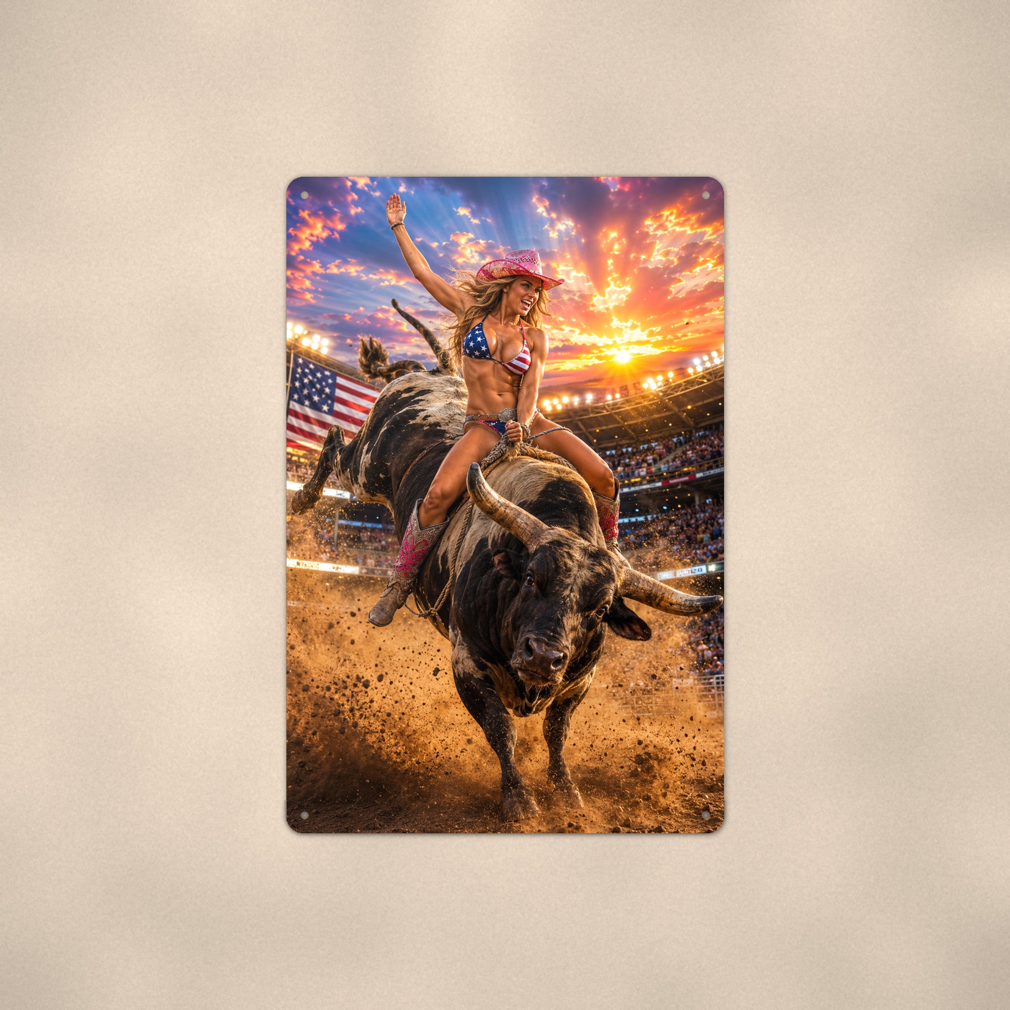 Cowgirl riding a bucking bull at the rodeo, flag bikini Metal Wall Art, Aluminum Sign, Retro Pinup Wall Decor, Vintage Pin-Up Gift