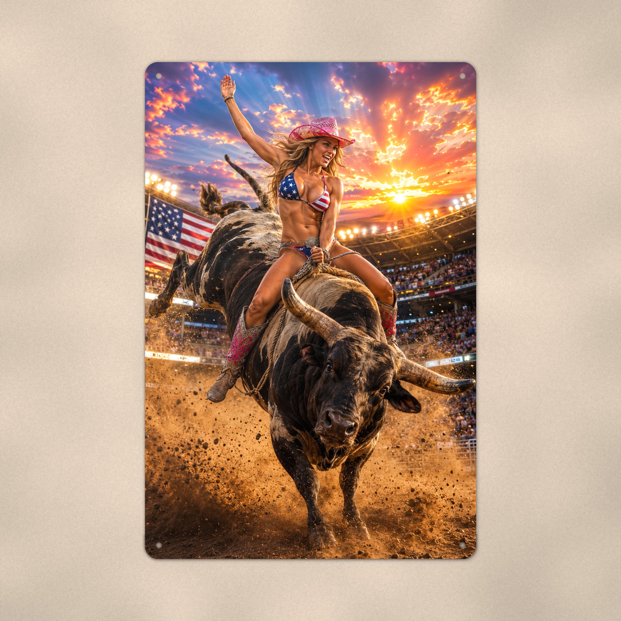 Cowgirl riding a bucking bull at the rodeo, flag bikini Metal Wall Art, Aluminum Sign, Retro Pinup Wall Decor, Vintage Pin-Up Gift
