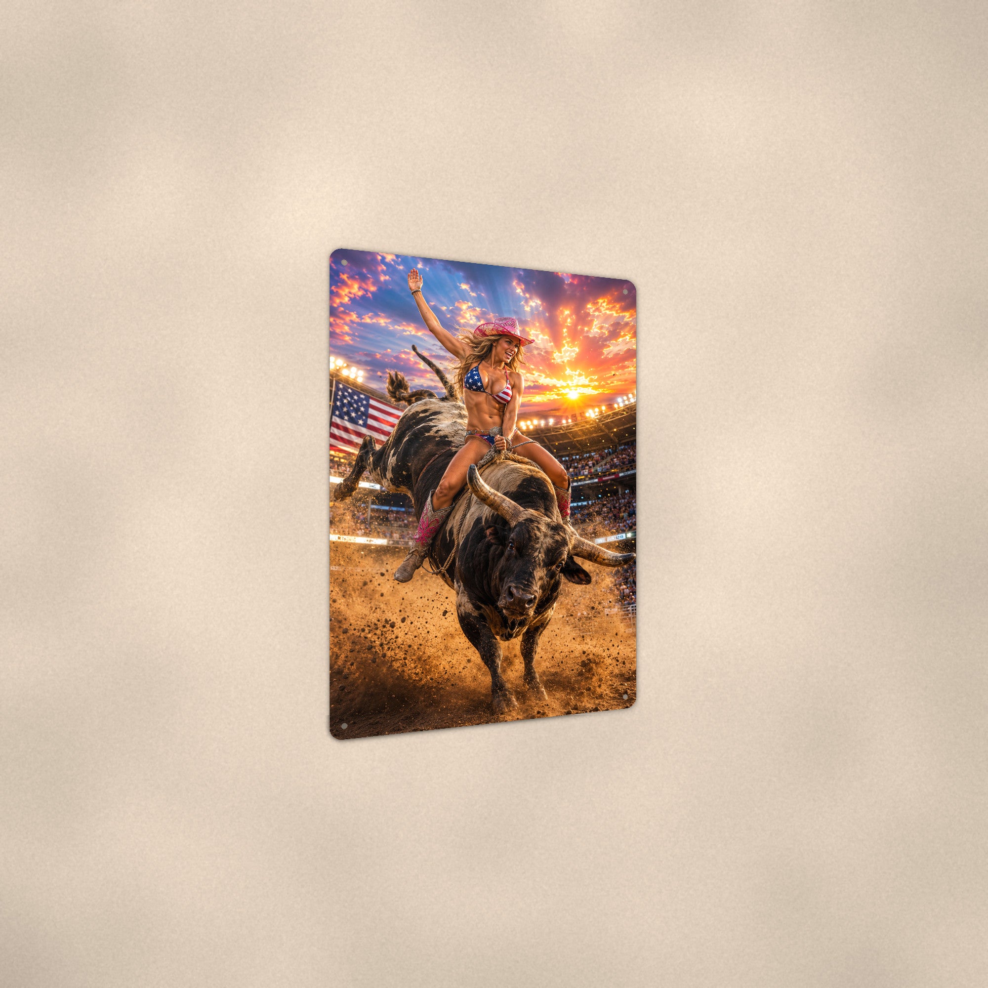 Cowgirl riding a bucking bull at the rodeo, flag bikini Metal Wall Art, Aluminum Sign, Retro Pinup Wall Decor, Vintage Pin-Up Gift