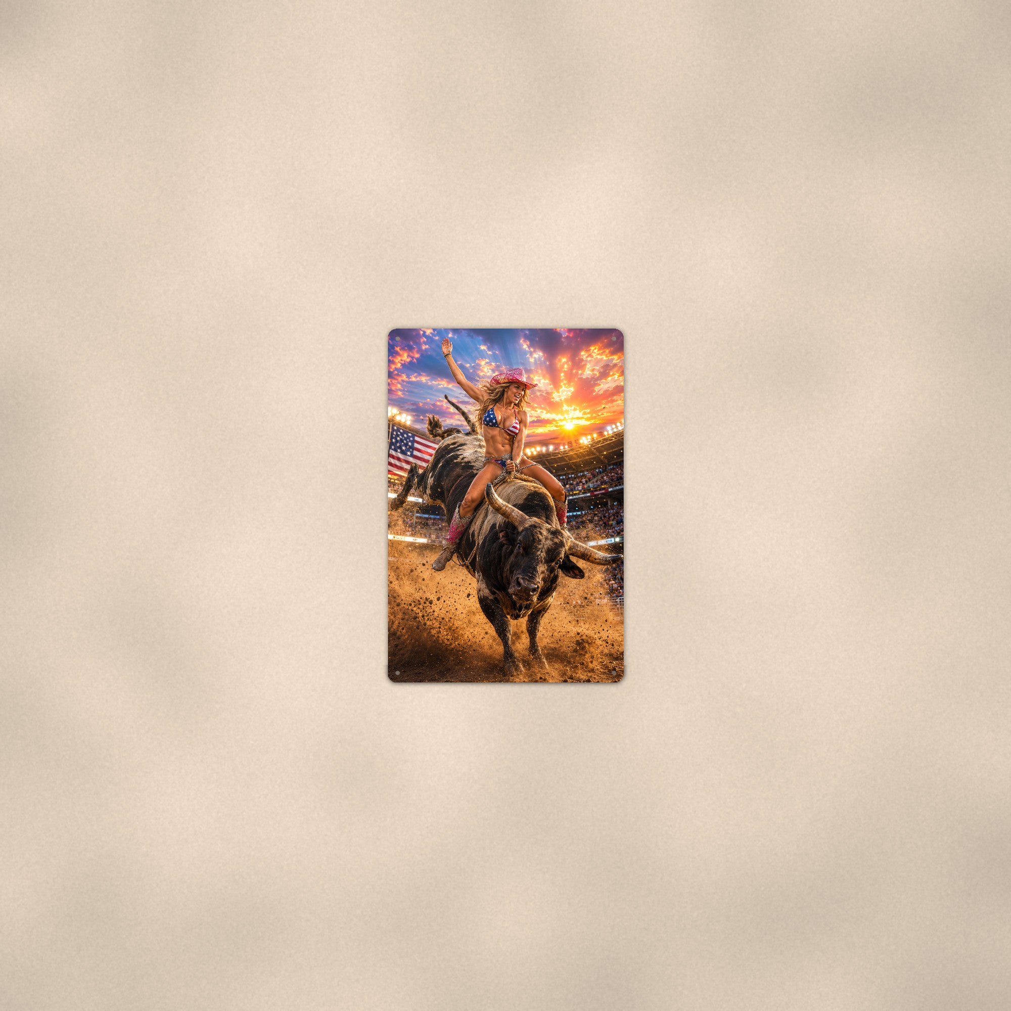 Cowgirl riding a bucking bull at the rodeo, flag bikini Metal Wall Art, Aluminum Sign, Retro Pinup Wall Decor, Vintage Pin-Up Gift