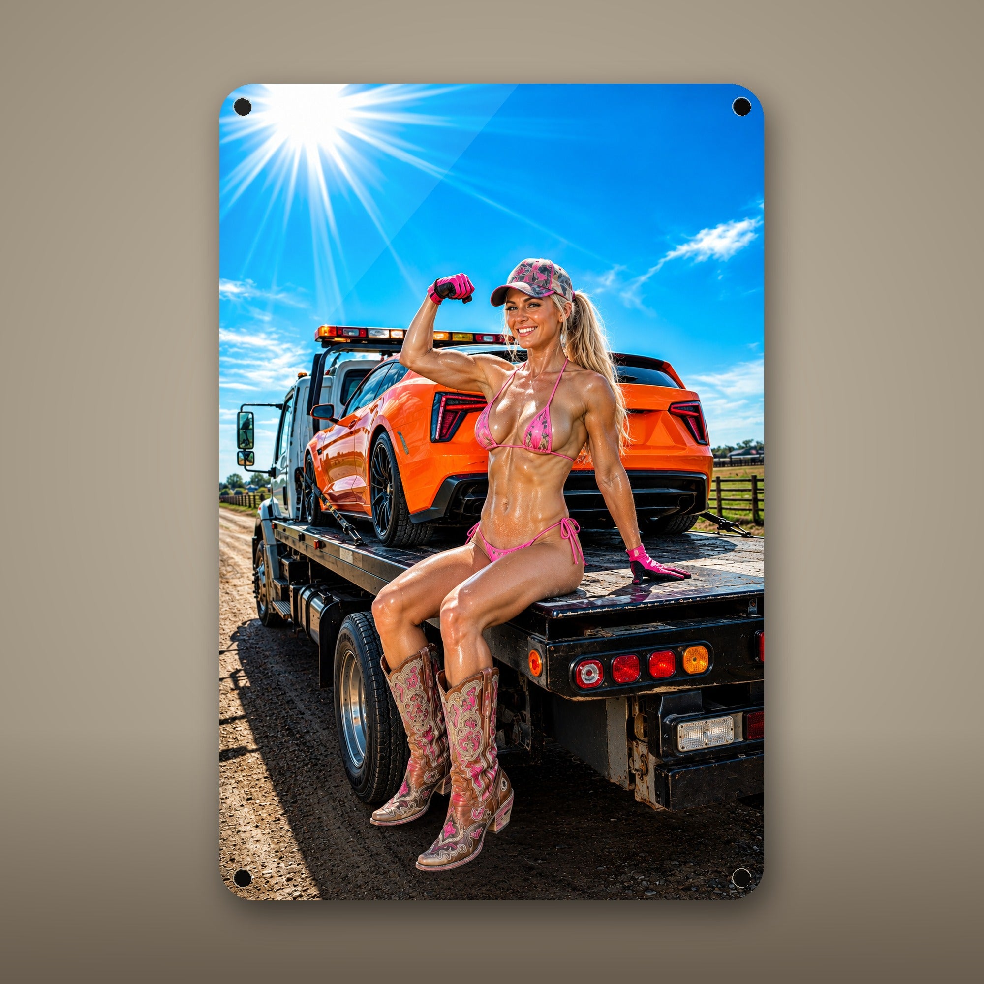 Flatbed rider beside a sports car on the farm road Metal Wall Art, Aluminum Sign, Retro Pinup Wall Decor, Vintage Pin-Up Gift