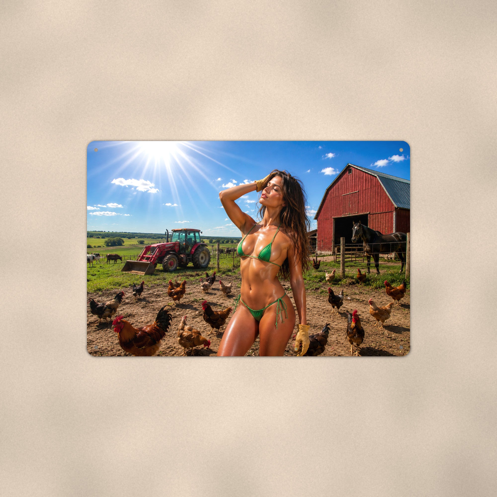 Farm girl in the barnyard among the chickens and horses Metal Wall Art, Aluminum Sign, Retro Pinup Wall Decor, Vintage Pin-Up Gift