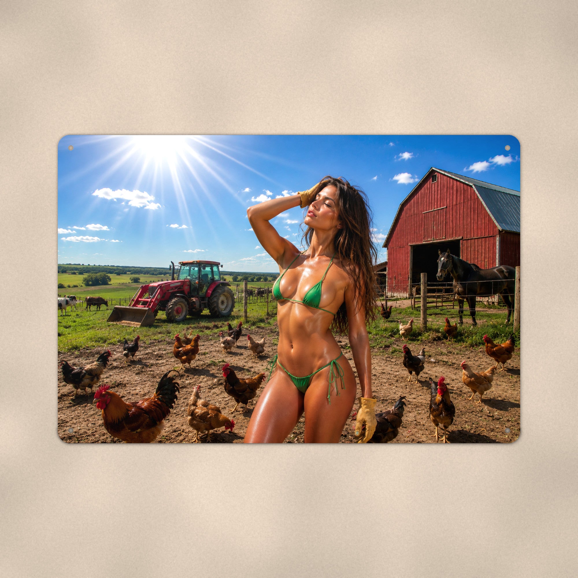 Farm girl in the barnyard among the chickens and horses Metal Wall Art, Aluminum Sign, Retro Pinup Wall Decor, Vintage Pin-Up Gift