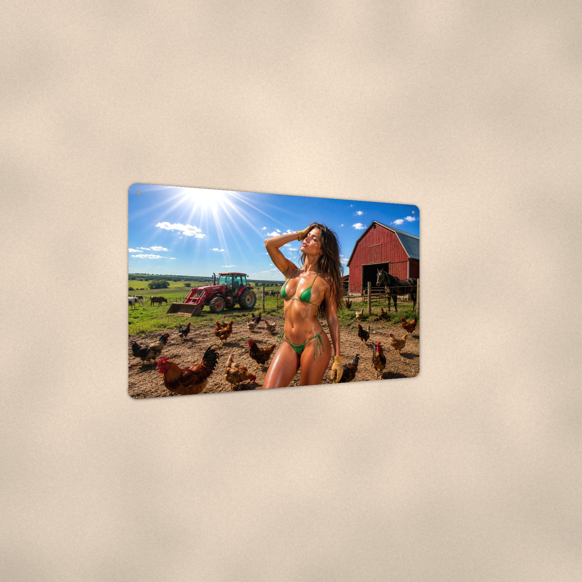 Farm girl in the barnyard among the chickens and horses Metal Wall Art, Aluminum Sign, Retro Pinup Wall Decor, Vintage Pin-Up Gift