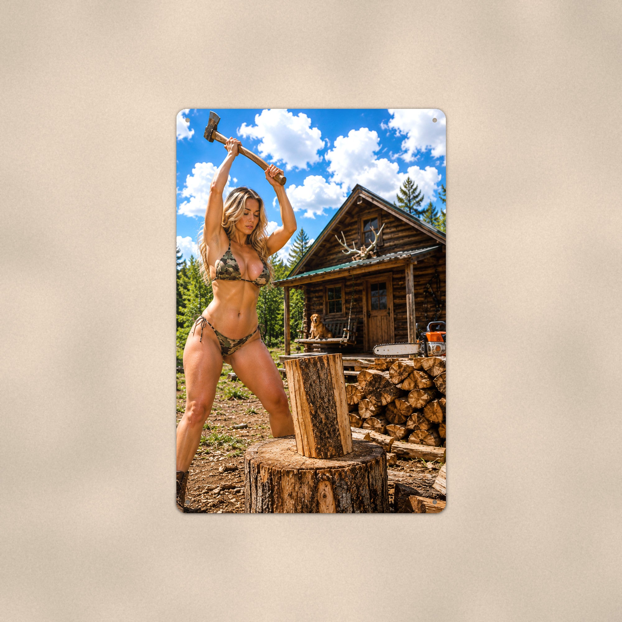 Woodcutter splitting logs outside a cabin, dog on the porch Metal Wall Art, Aluminum Sign, Retro Pinup Wall Decor, Vintage Pin-Up Gift