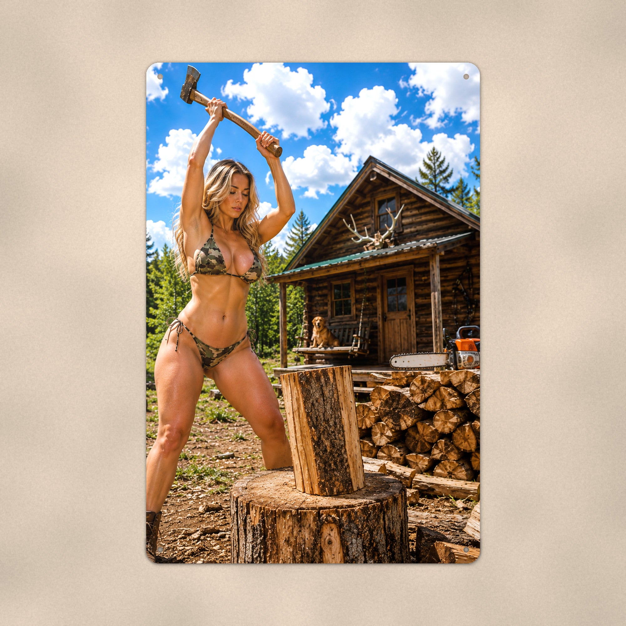 Woodcutter splitting logs outside a cabin, dog on the porch Metal Wall Art, Aluminum Sign, Retro Pinup Wall Decor, Vintage Pin-Up Gift
