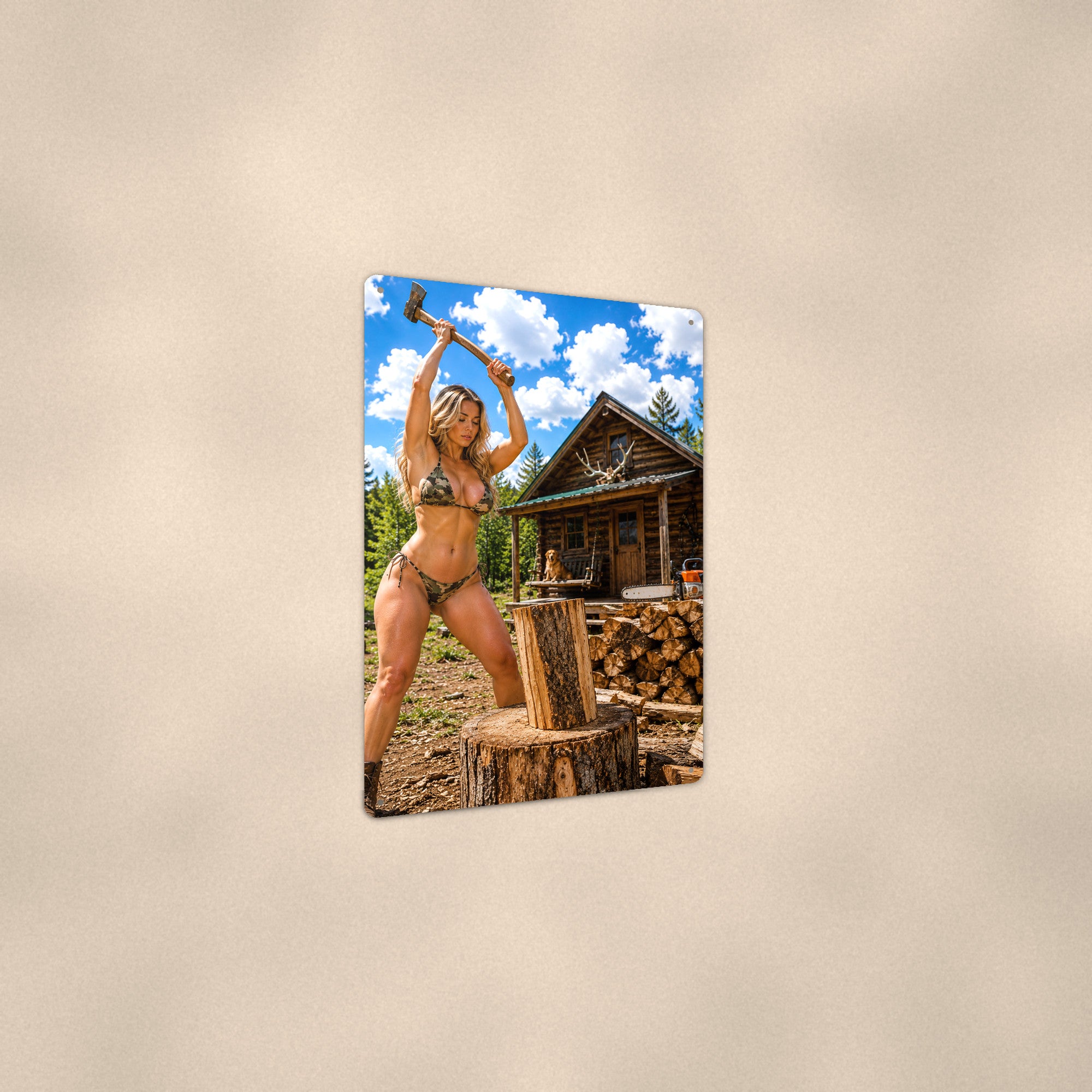 Woodcutter splitting logs outside a cabin, dog on the porch Metal Wall Art, Aluminum Sign, Retro Pinup Wall Decor, Vintage Pin-Up Gift