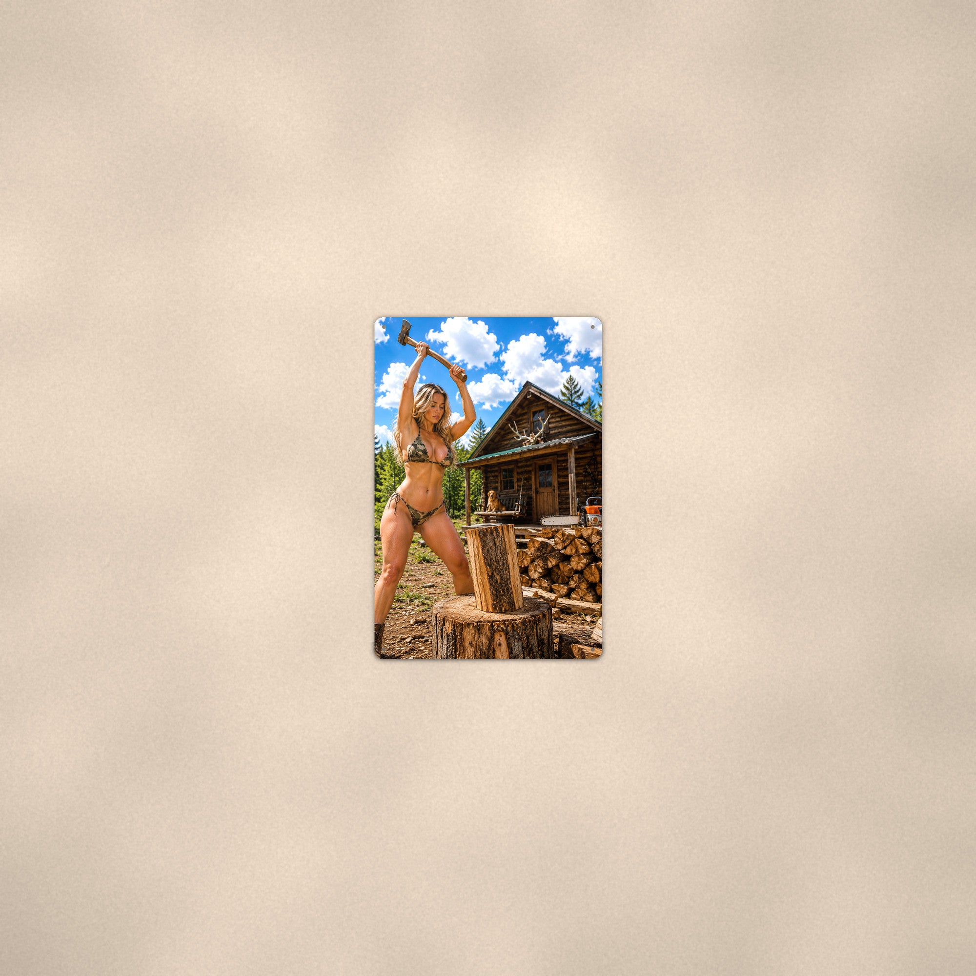 Woodcutter splitting logs outside a cabin, dog on the porch Metal Wall Art, Aluminum Sign, Retro Pinup Wall Decor, Vintage Pin-Up Gift