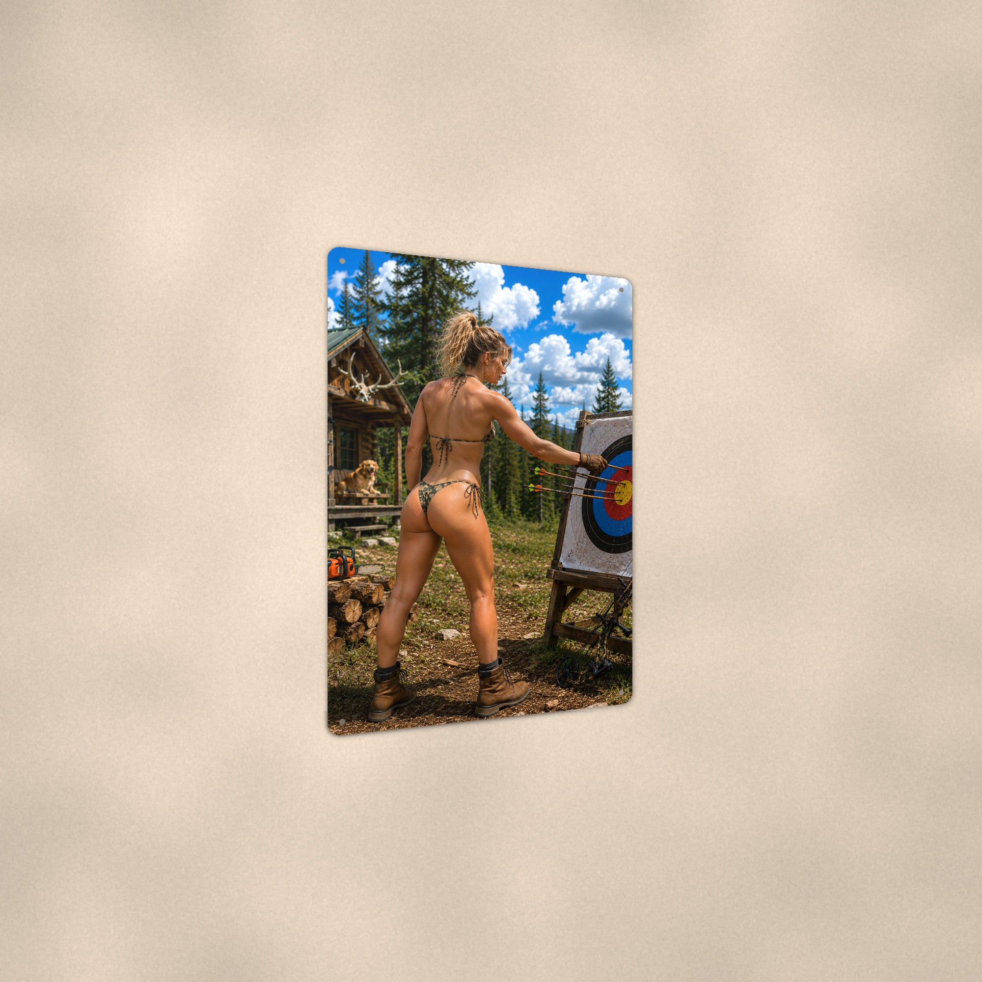 Archer at full draw by the cabin, dog on the porch Metal Wall Art, Aluminum Sign, Retro Pinup Wall Decor, Vintage Pin-Up Gift