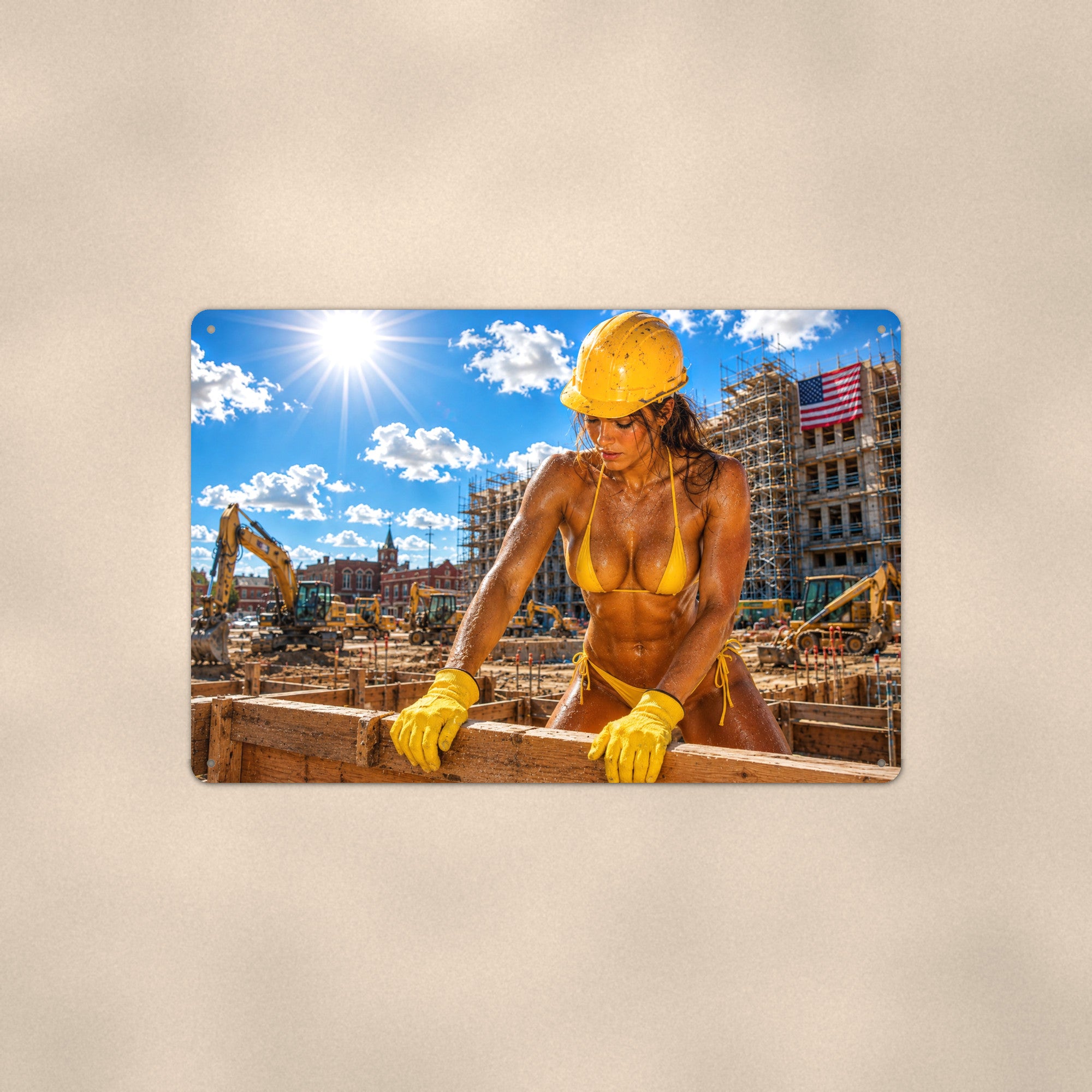 Hard hat worker at a city build site Metal Wall Art, Aluminum Sign, Retro Pinup Wall Decor, Vintage Pin-Up Gift