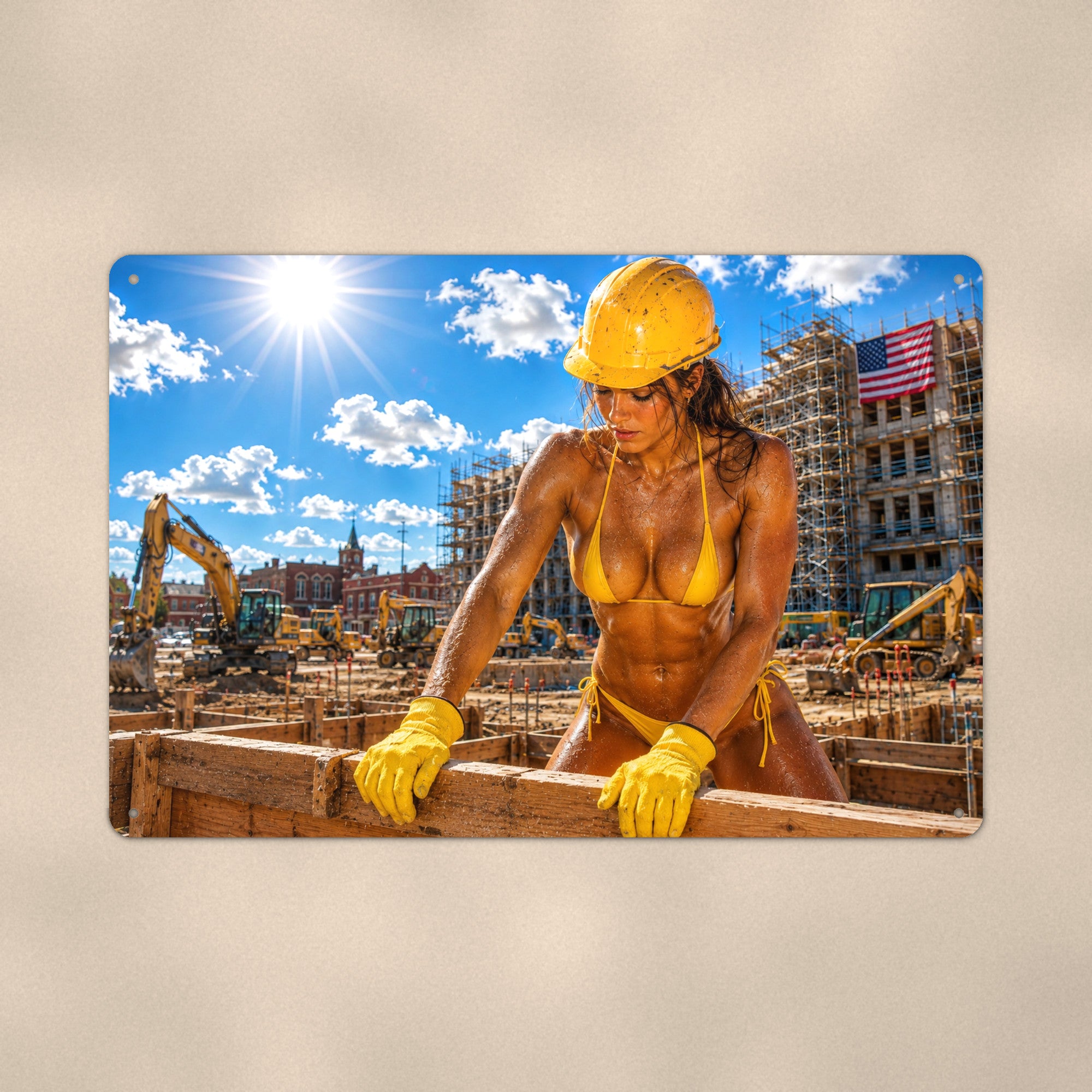 Hard hat worker at a city build site Metal Wall Art, Aluminum Sign, Retro Pinup Wall Decor, Vintage Pin-Up Gift
