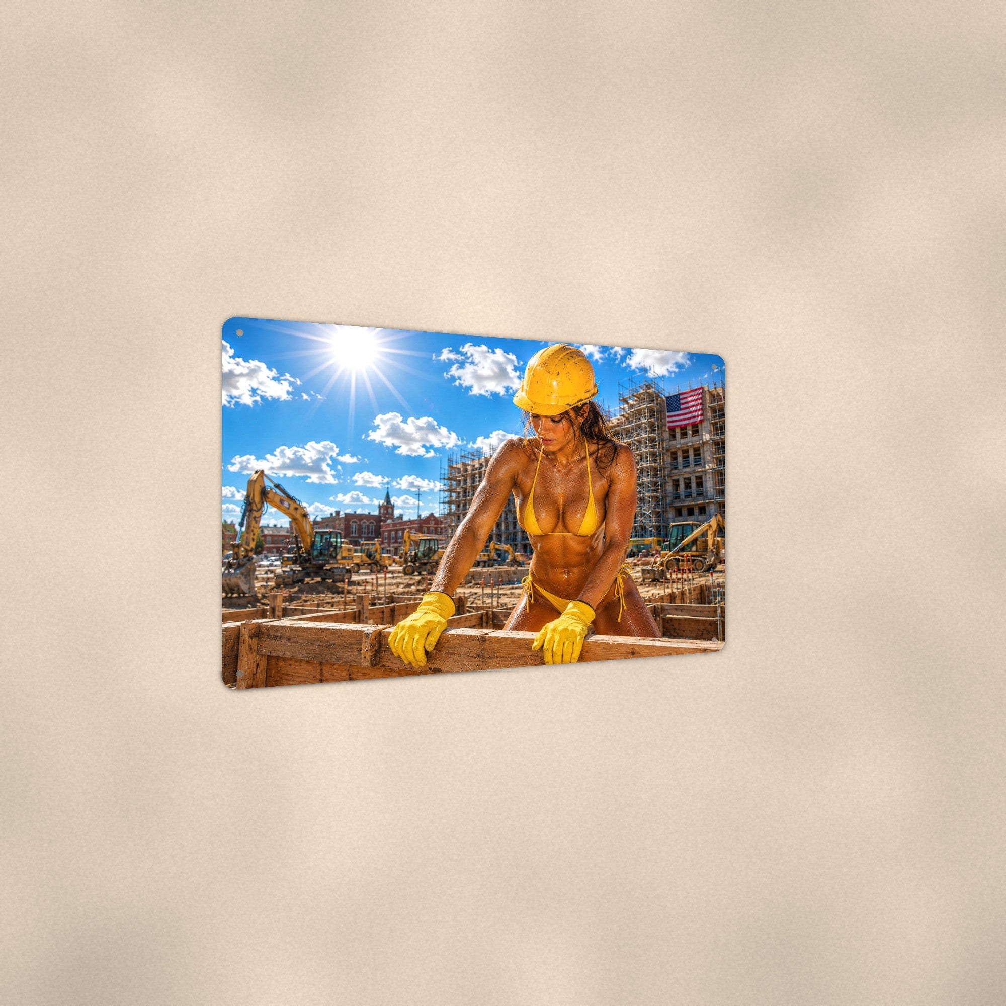 Hard hat worker at a city build site Metal Wall Art, Aluminum Sign, Retro Pinup Wall Decor, Vintage Pin-Up Gift