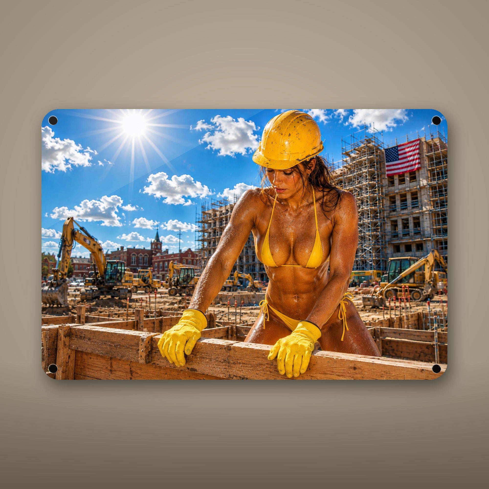 Hard hat worker at a city build site Metal Wall Art, Aluminum Sign, Retro Pinup Wall Decor, Vintage Pin-Up Gift