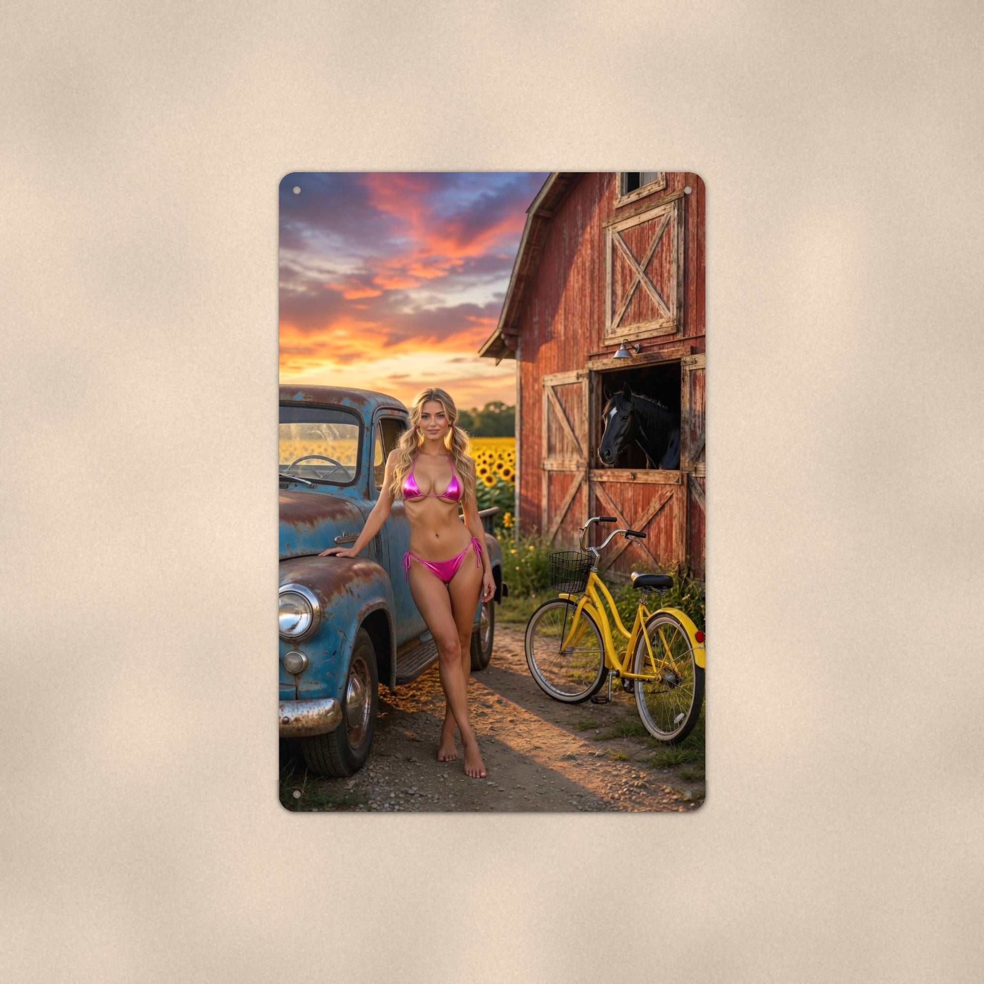 Farm girl beside a vintage pickup in the sunflower field Metal Wall Art, Aluminum Sign, Retro Pinup Wall Decor, Vintage Pin-Up Gift