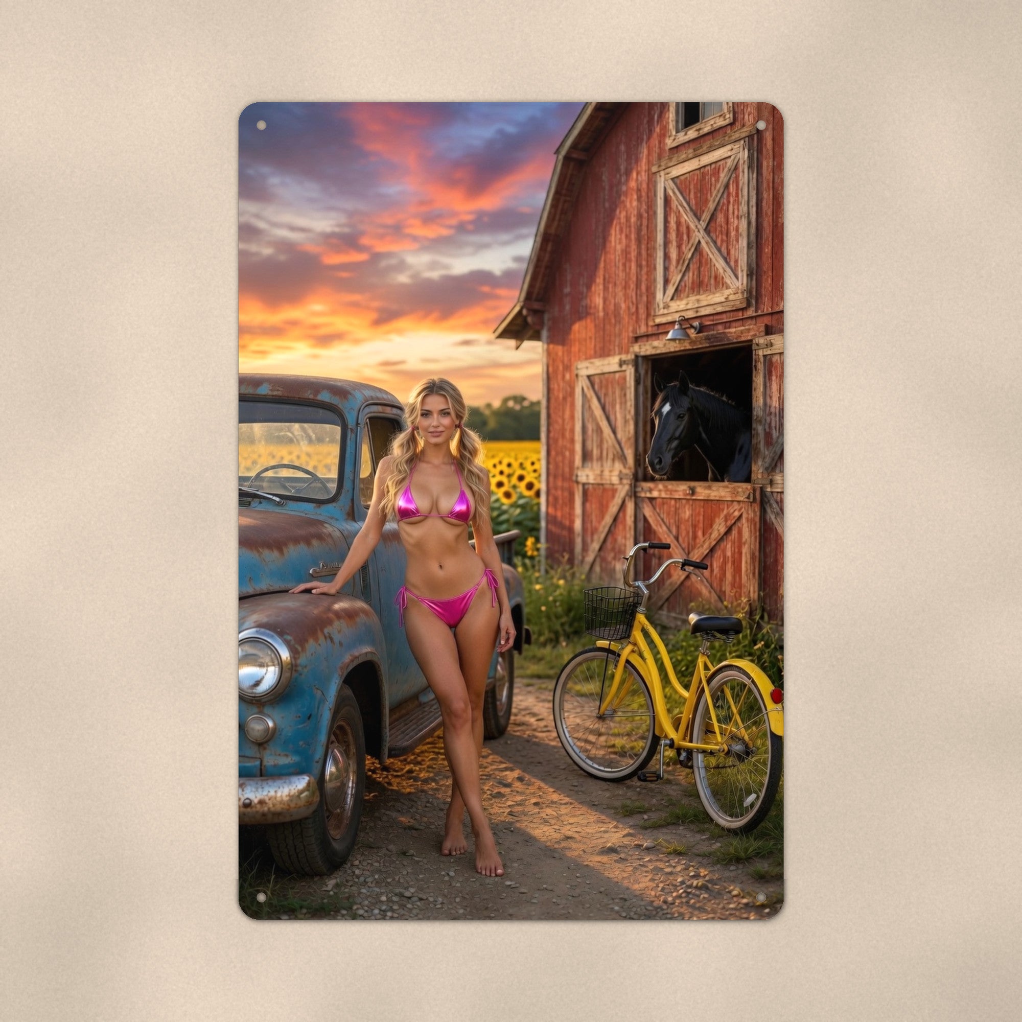 Farm girl beside a vintage pickup in the sunflower field Metal Wall Art, Aluminum Sign, Retro Pinup Wall Decor, Vintage Pin-Up Gift