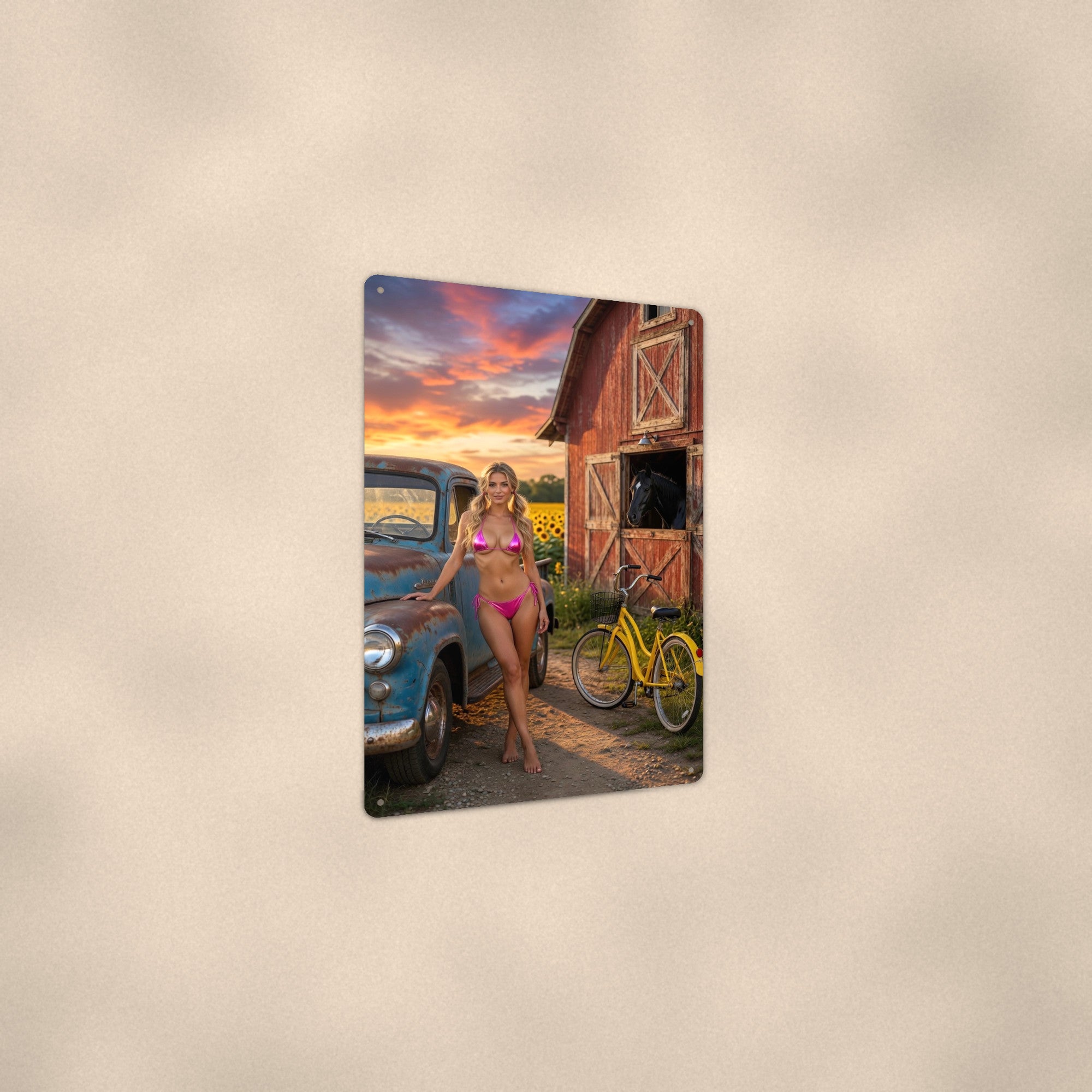 Farm girl beside a vintage pickup in the sunflower field Metal Wall Art, Aluminum Sign, Retro Pinup Wall Decor, Vintage Pin-Up Gift
